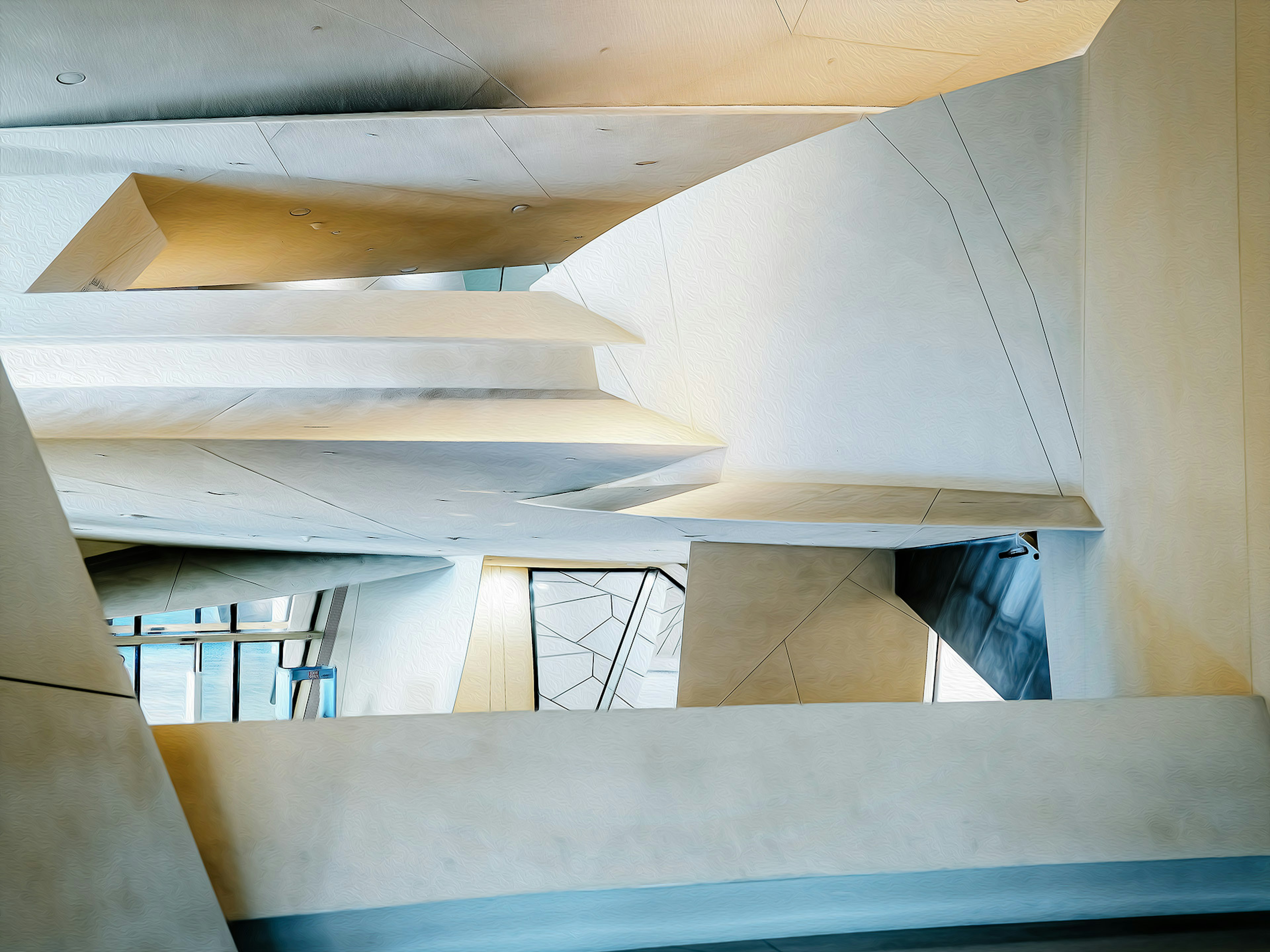 Interior structure of modern architecture with intersecting curves and lines