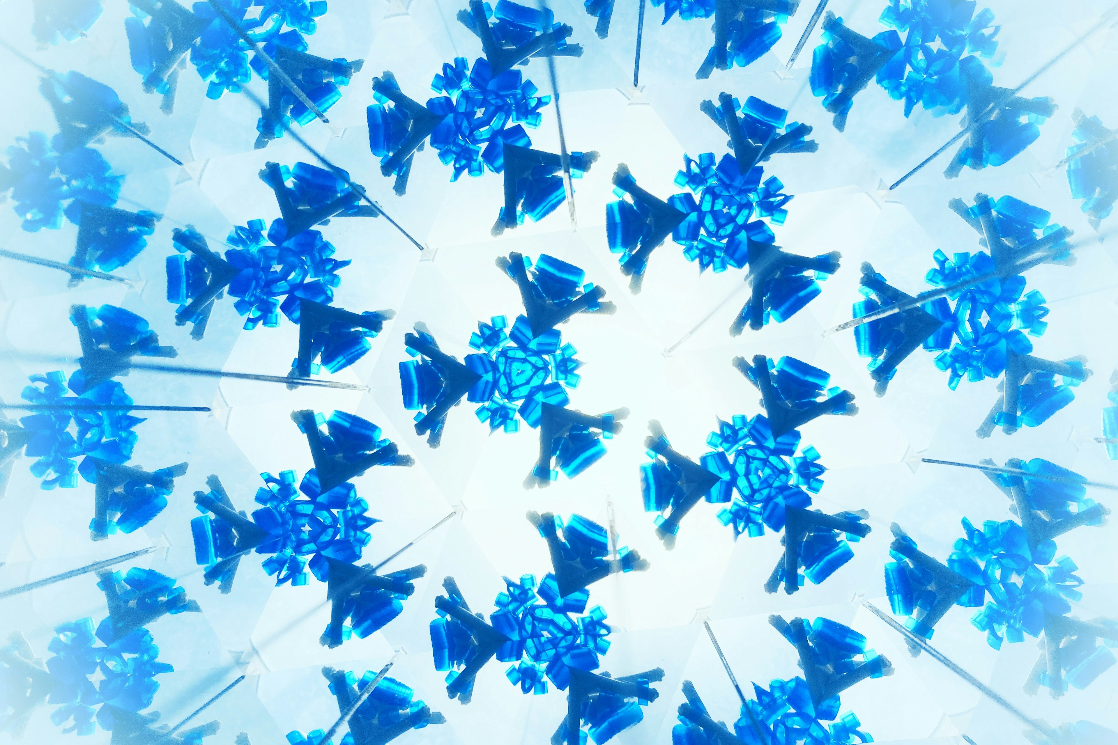 Beautiful pattern of blue snowflakes arranged radially