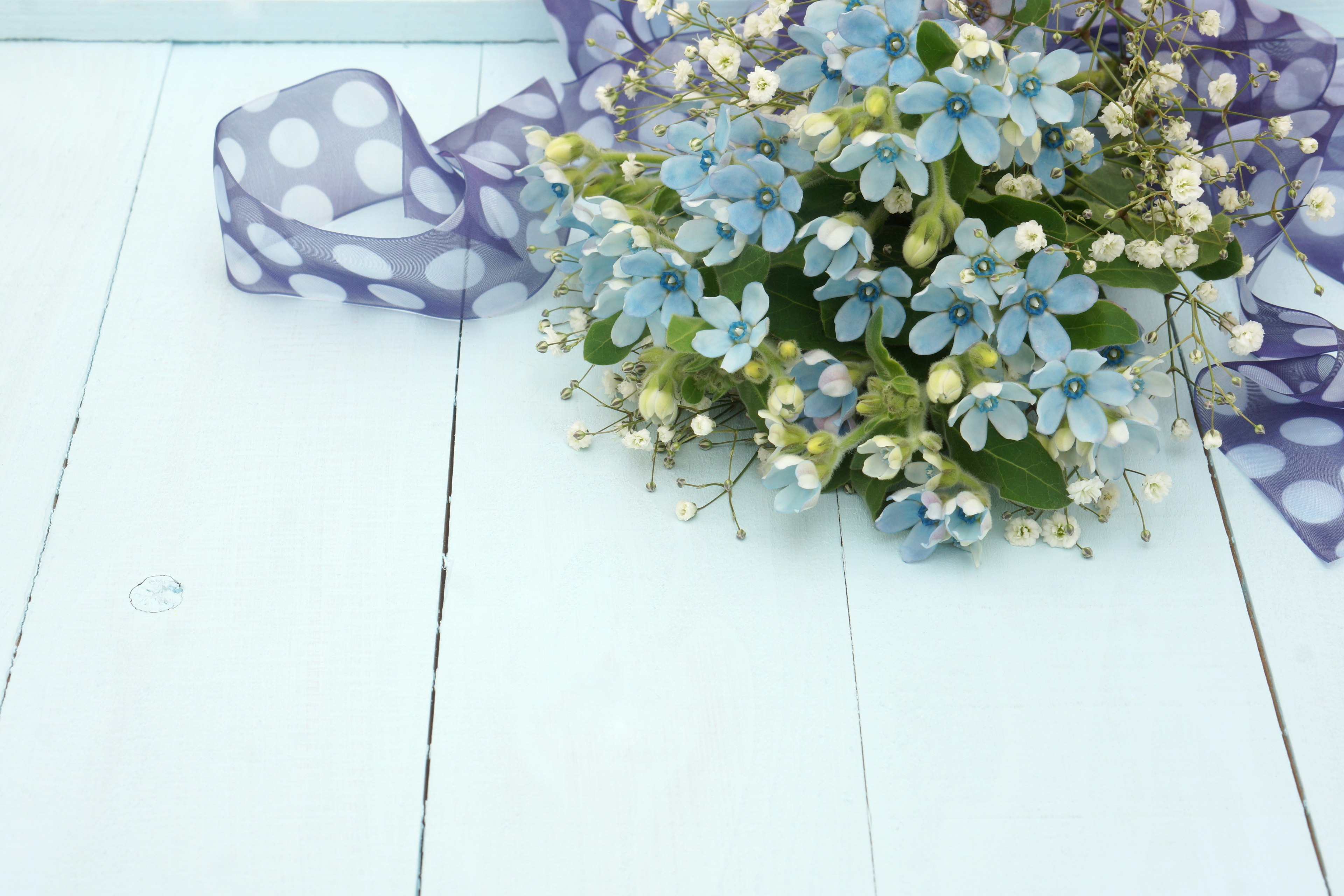 Bouquet of blue flowers with purple ribbon on a wooden surface