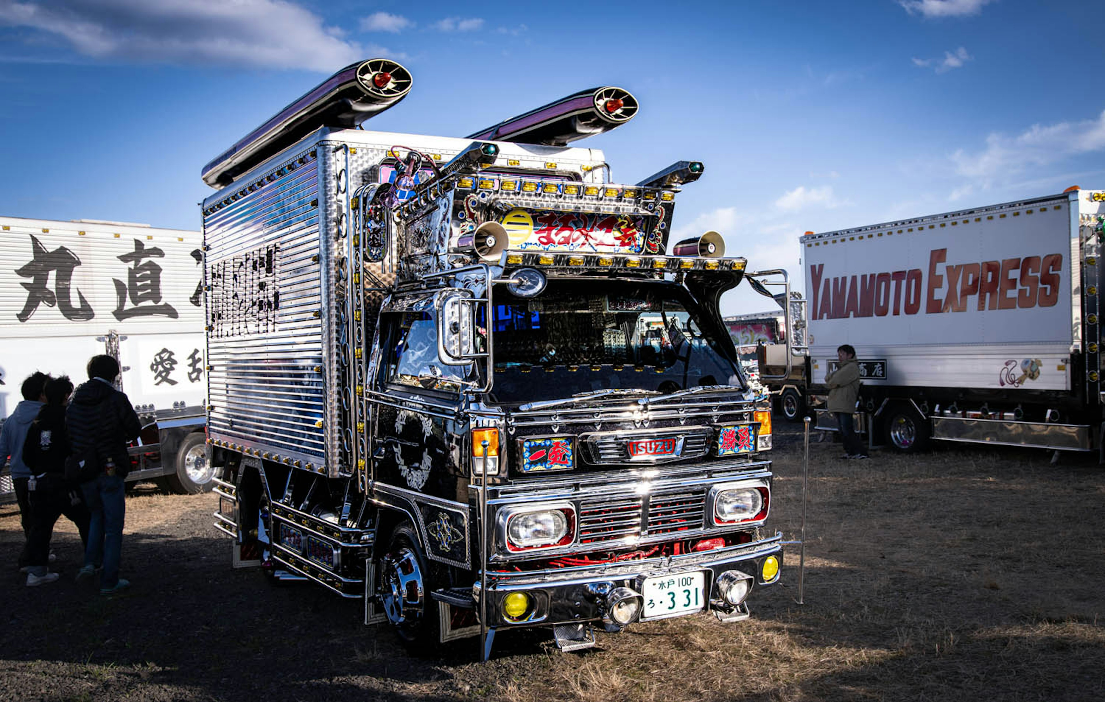 Camion decorato parcheggiato in un campo aperto