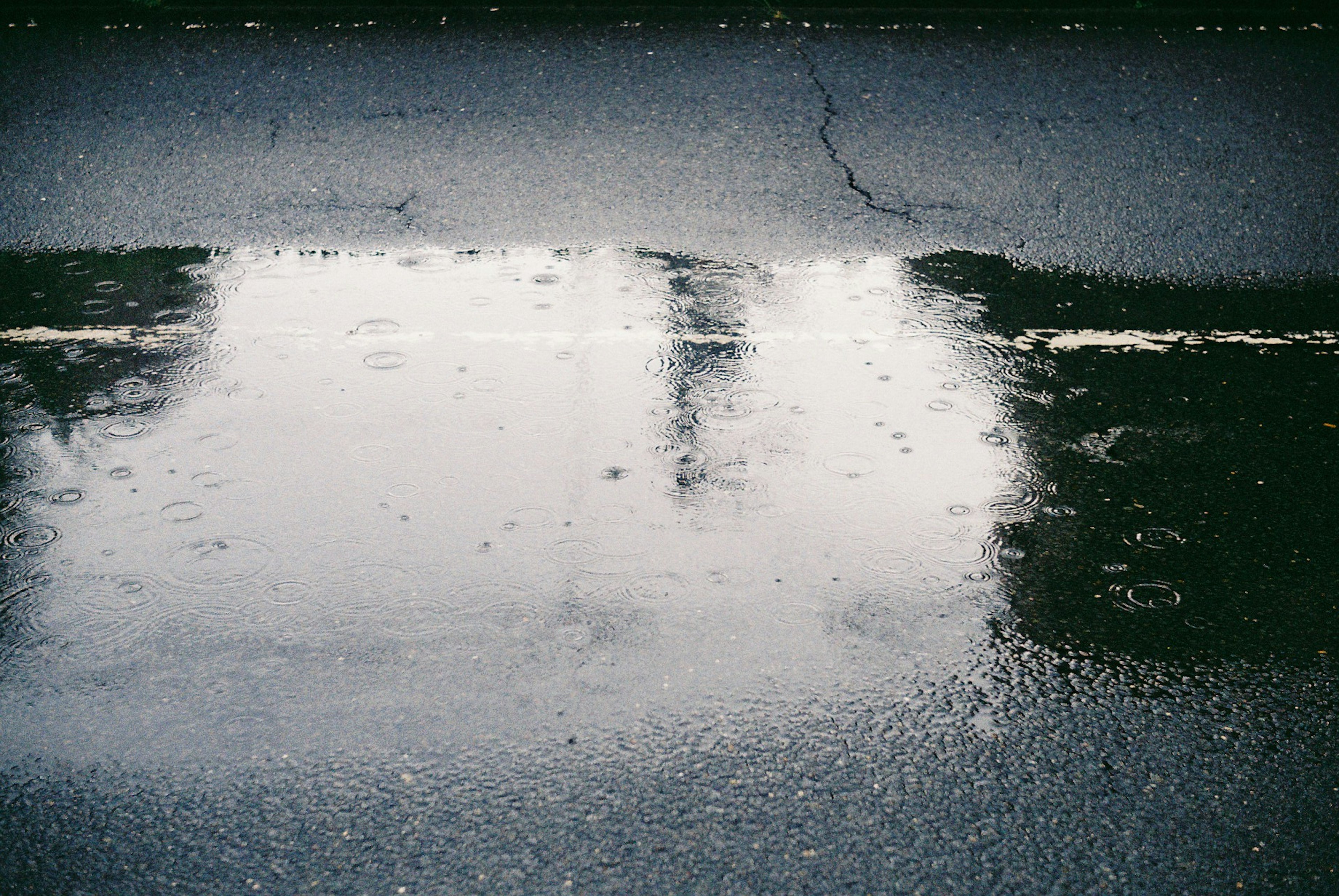 Reflet dans une flaque sur une route en asphalte fissurée