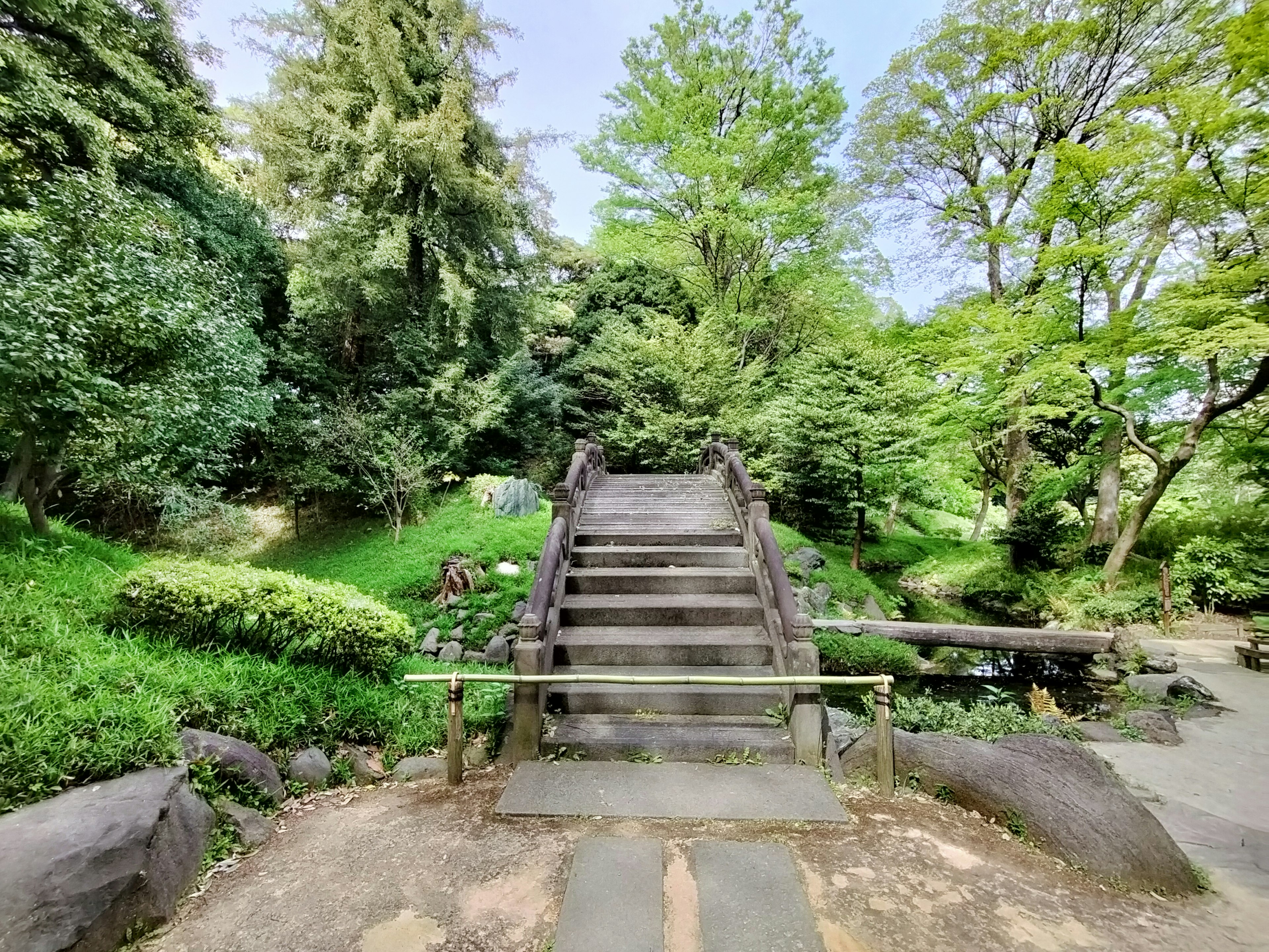 Pont en pierre dans un jardin verdoyant