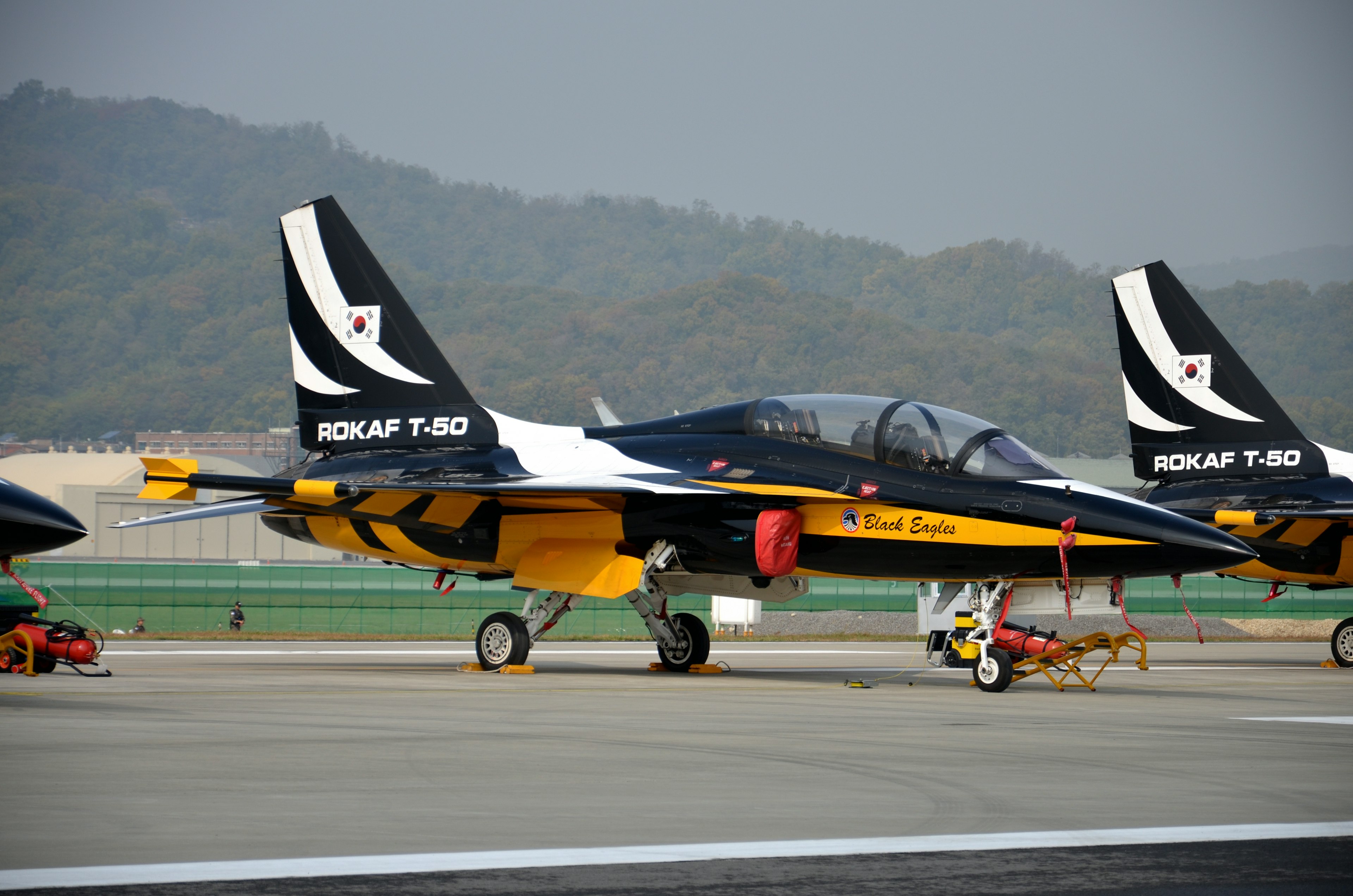 Korean Air Force T-50 training jets lined up on the runway