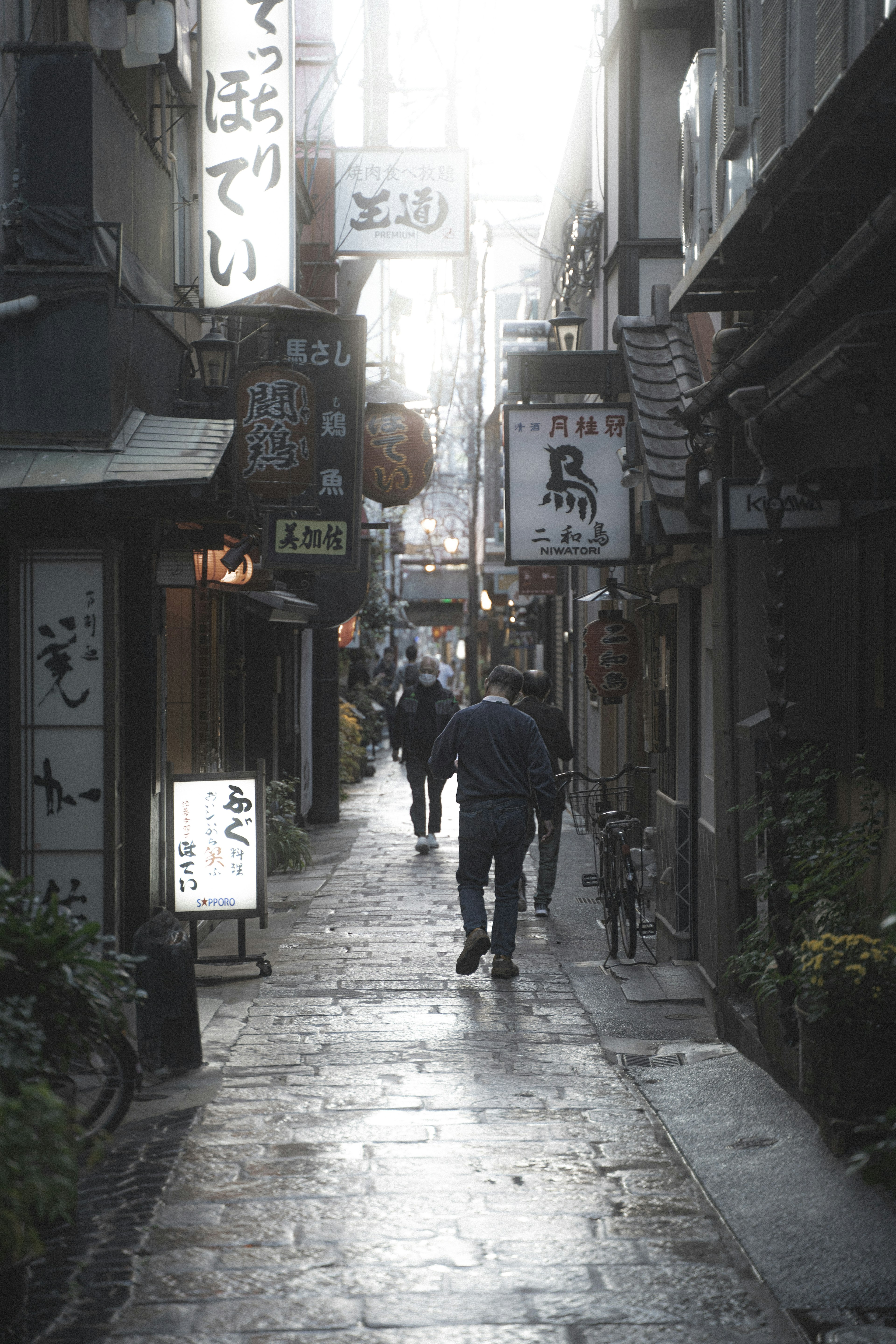 Evening scene of people walking in a narrow alley with numerous signs