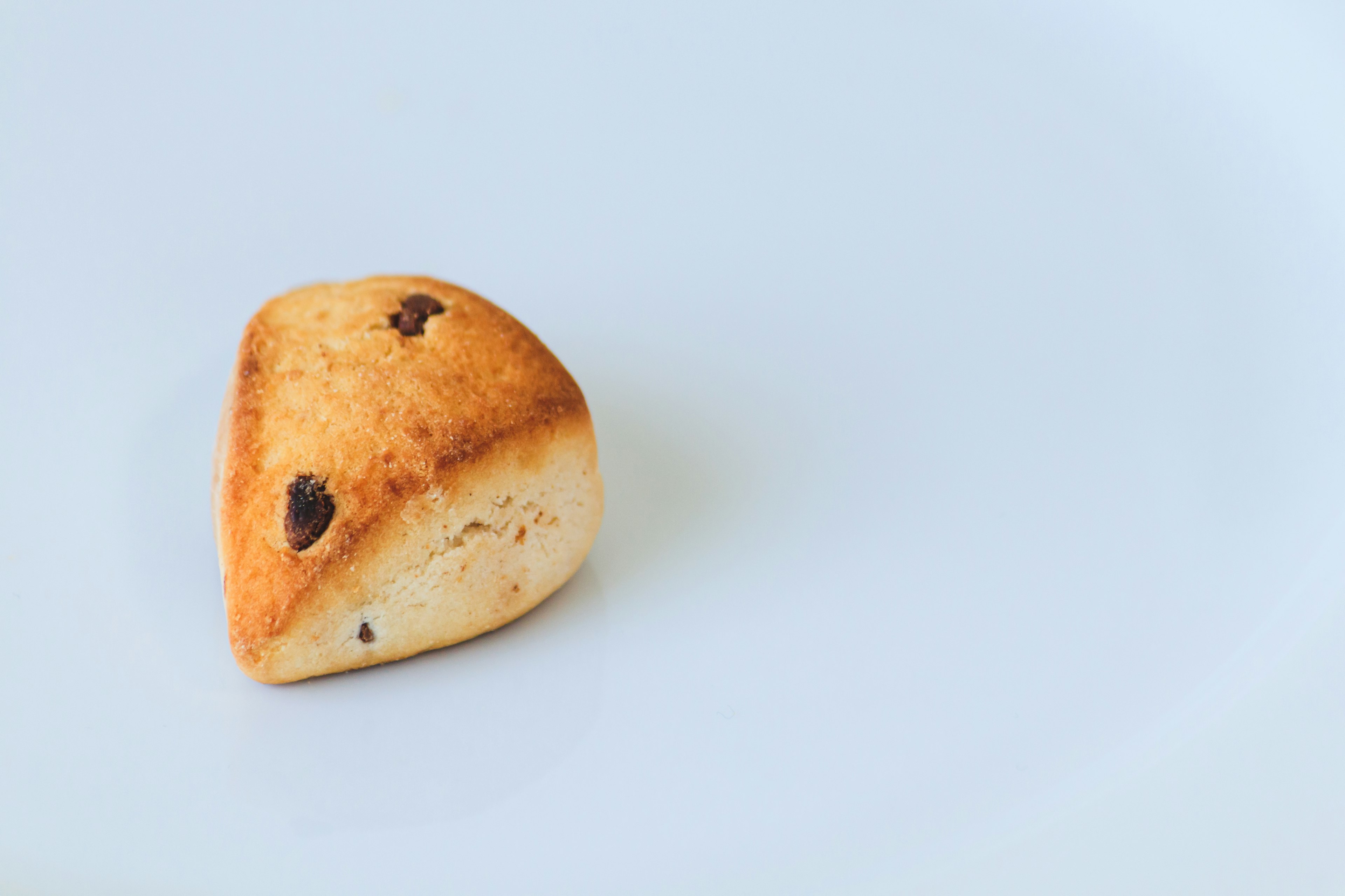 A triangular baked good with chocolate chips placed on a simple plate