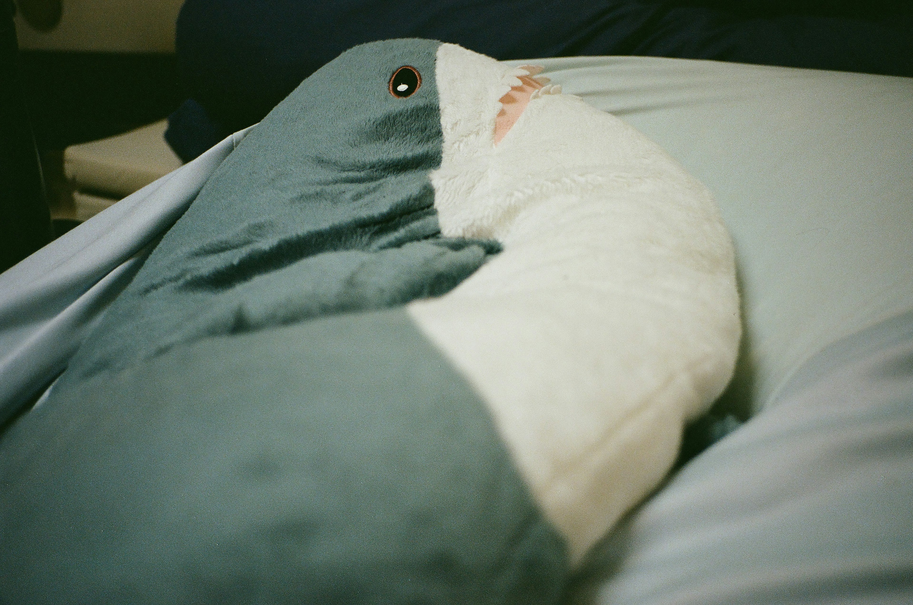 A plush whale-shaped pillow resting on a bed