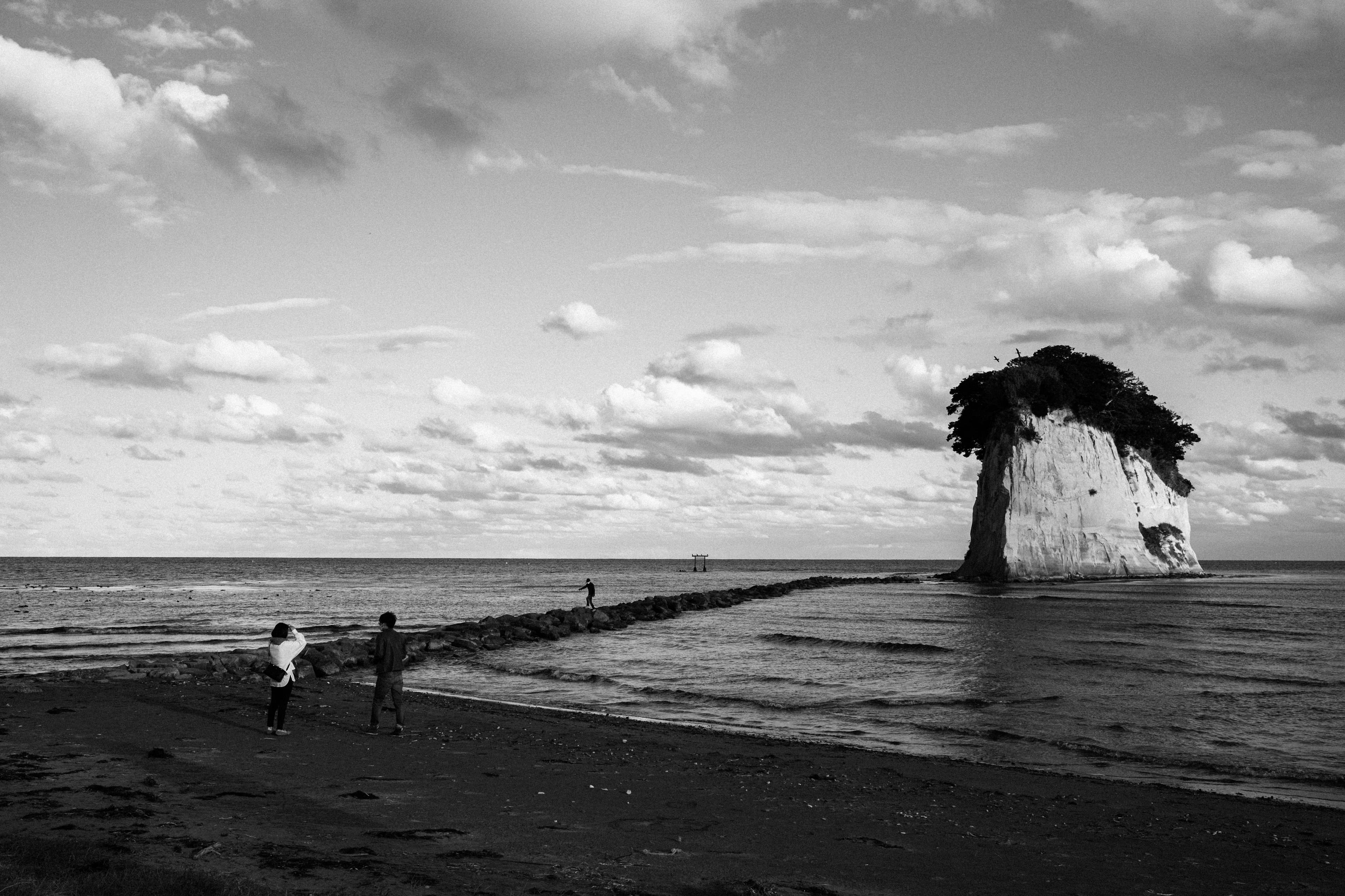 Black and white landscape featuring a coastline and a large rock with people walking