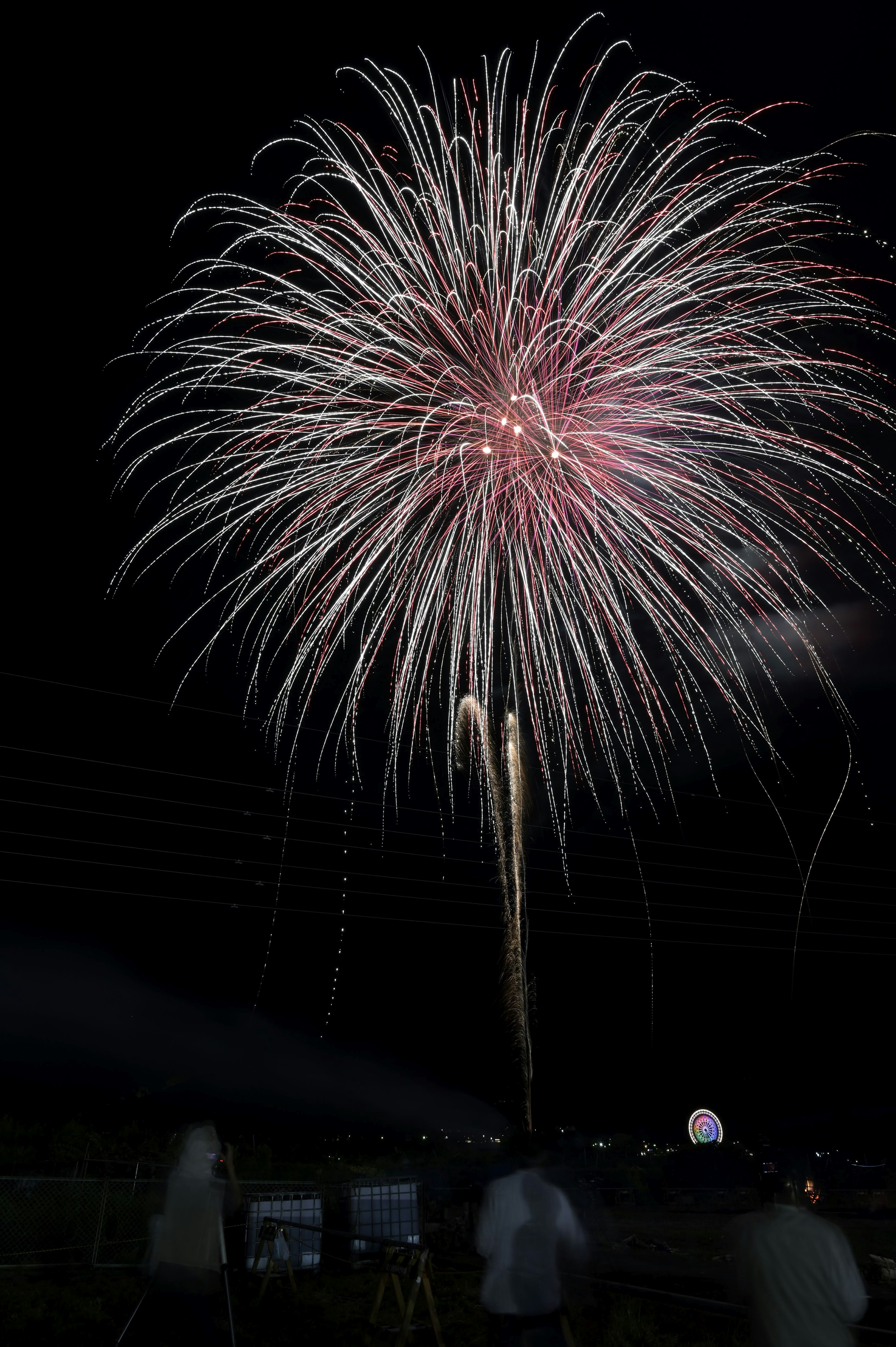 Gran explosión de fuegos artificiales en el cielo nocturno con siluetas de espectadores en el fondo