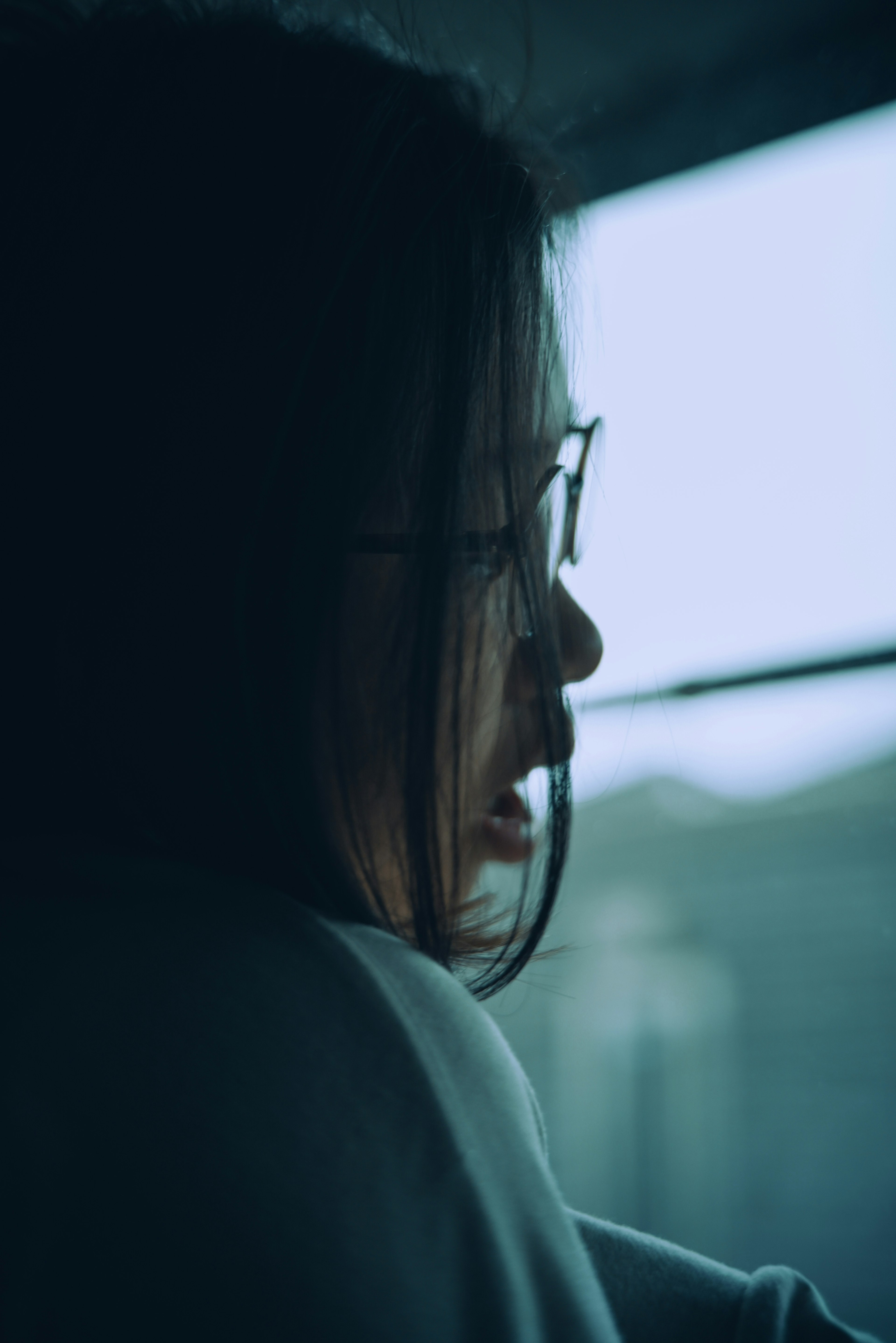 Perfil de una mujer con gafas cerca de una ventana