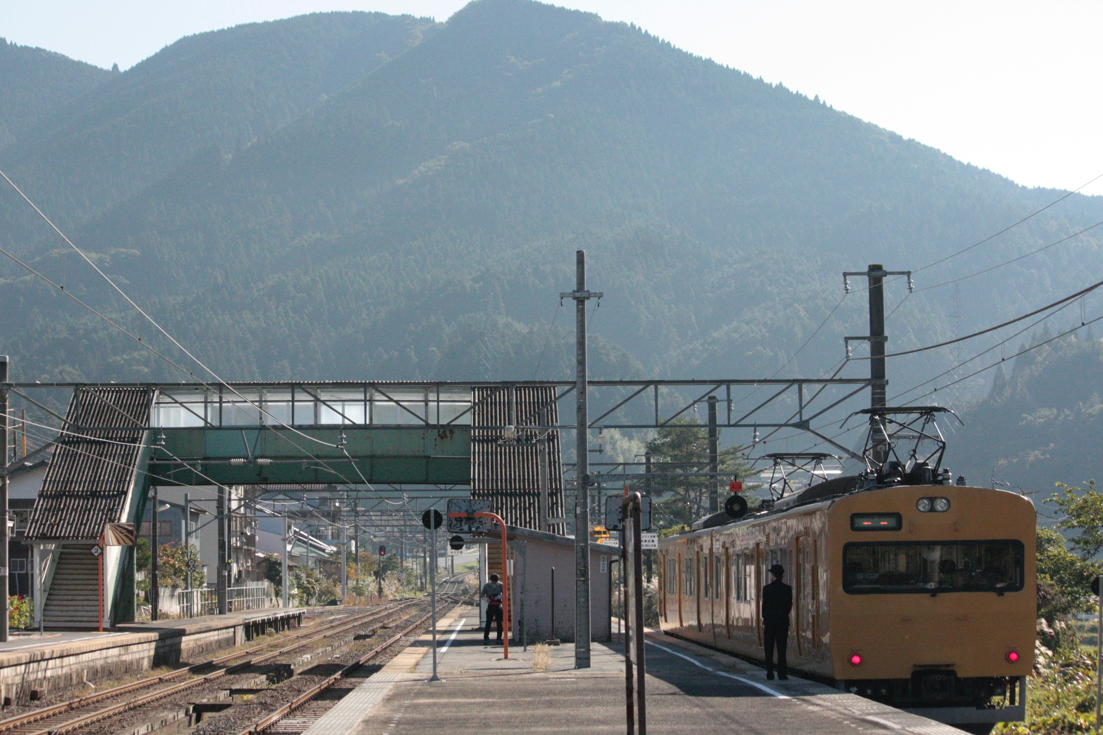 山の背景にある駅で停車中の黄色い列車