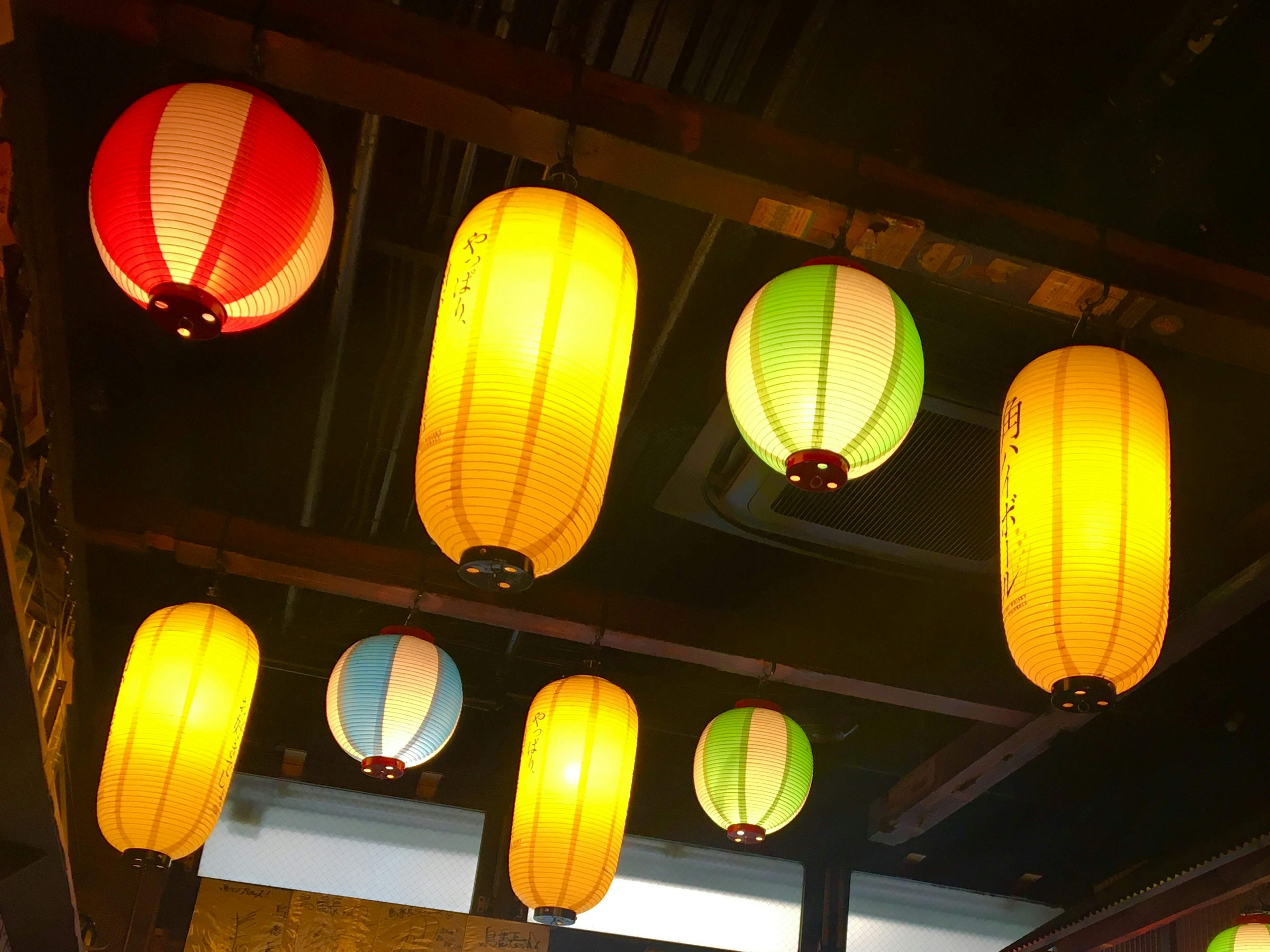 Colorful lanterns hanging in an indoor setting