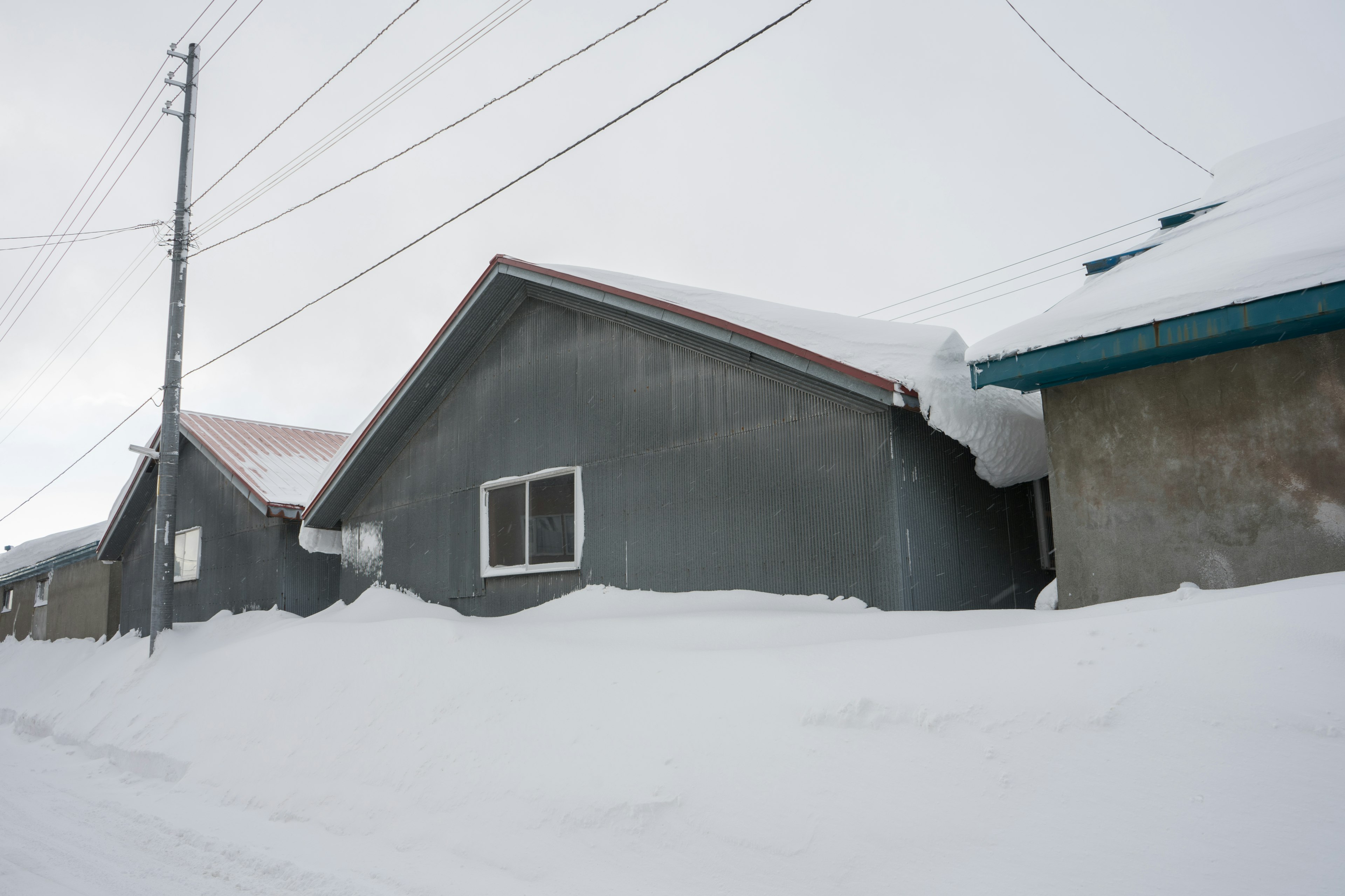 Case coperte di neve con linee elettriche in un paesaggio invernale