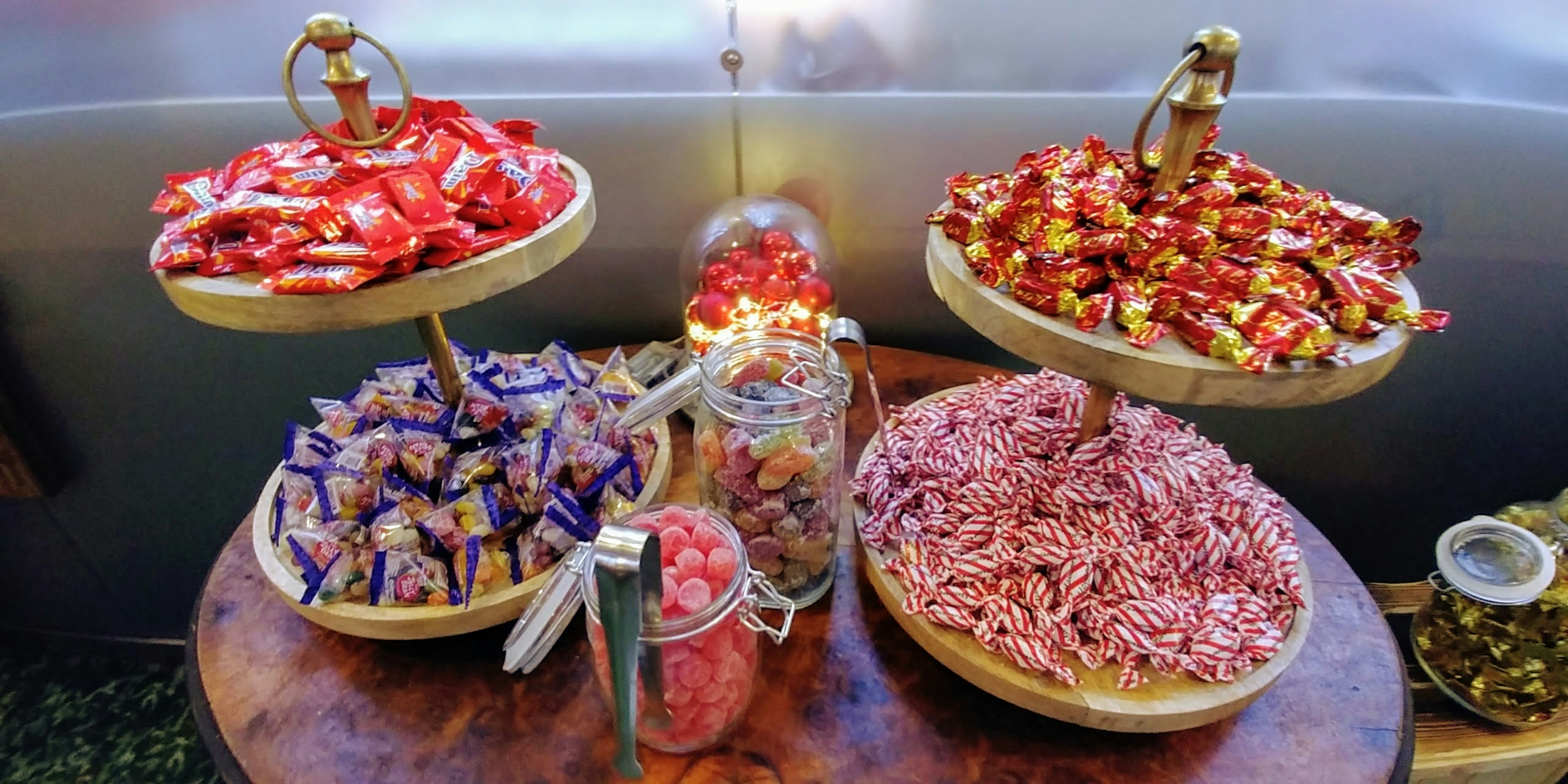 Colorful candy and snacks displayed on a two-tier stand