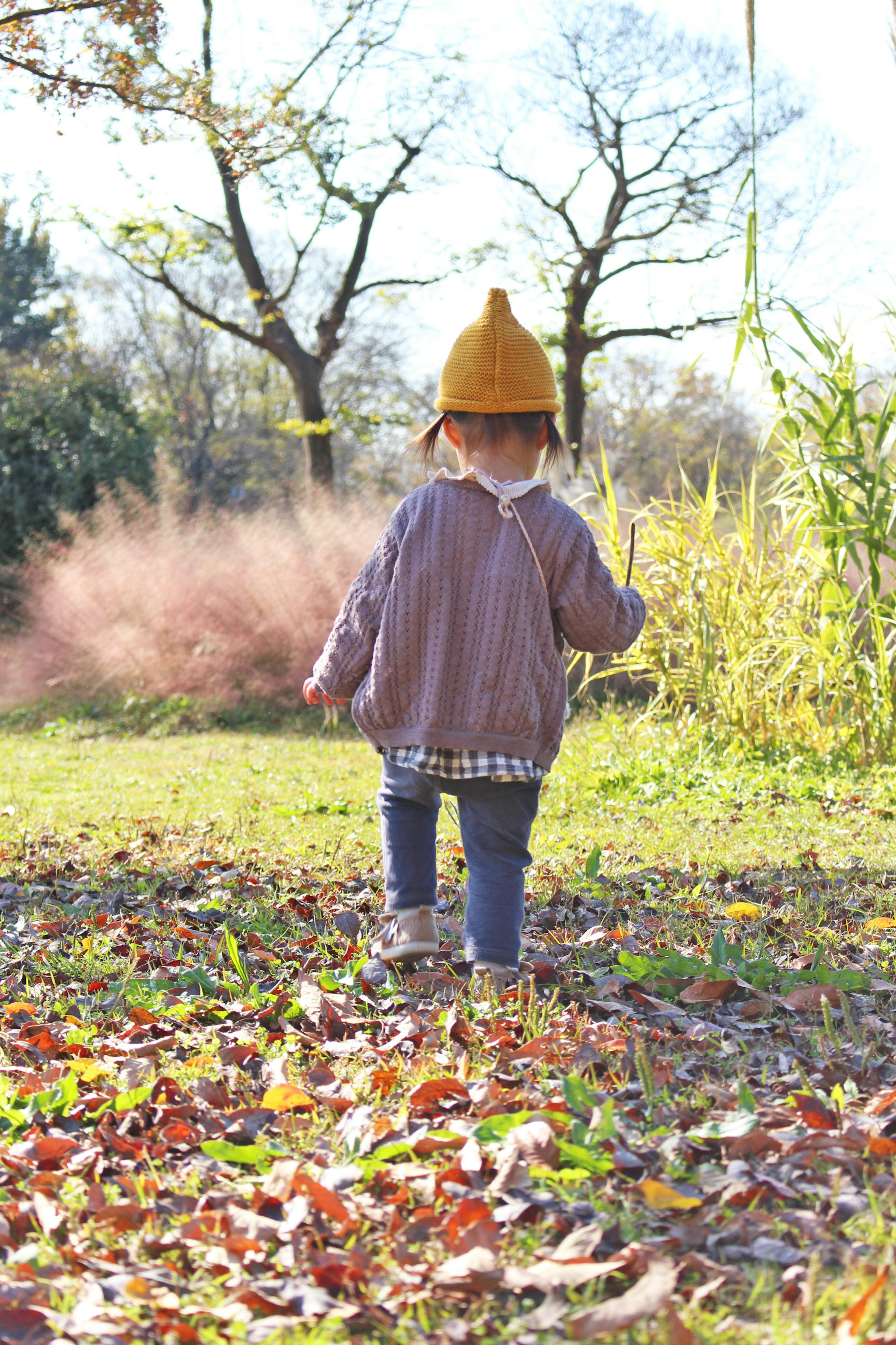 Niño caminando sobre hojas en un parque de otoño con un sombrero amarillo visto desde atrás