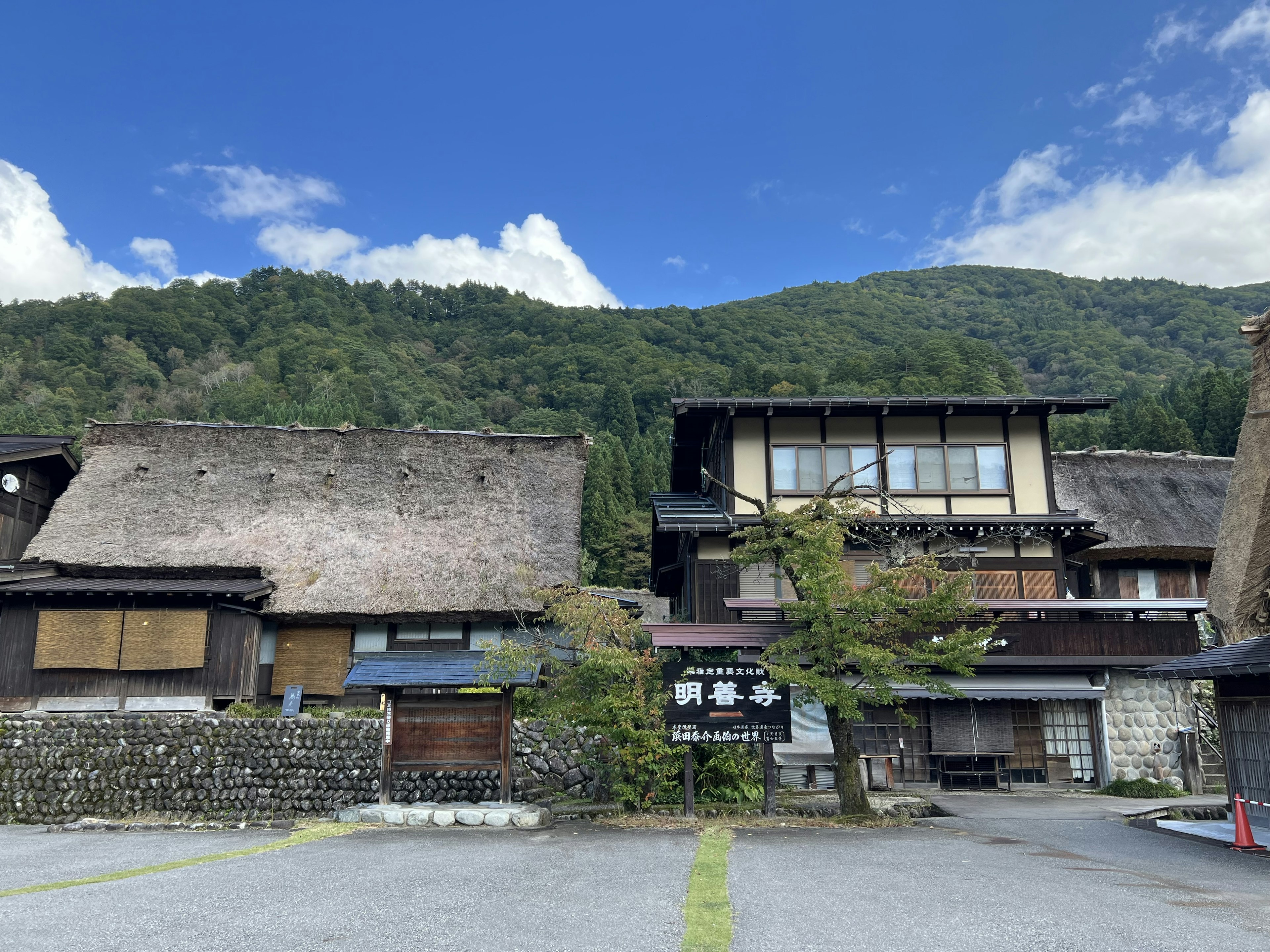 山の背景に伝統的な日本の家屋が並んでいる風景