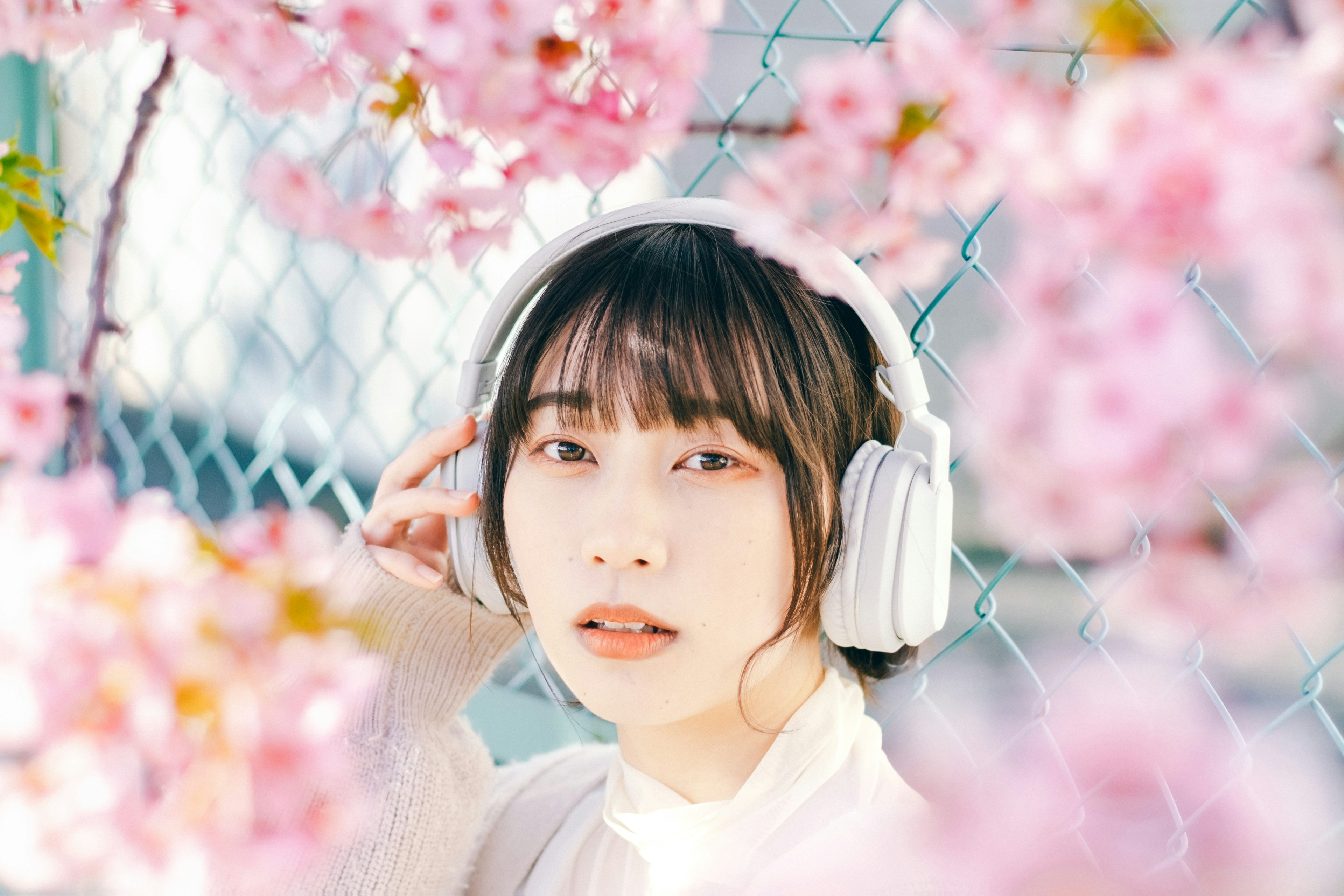 桜の花に囲まれたヘッドフォンをつけた女性のポートレート