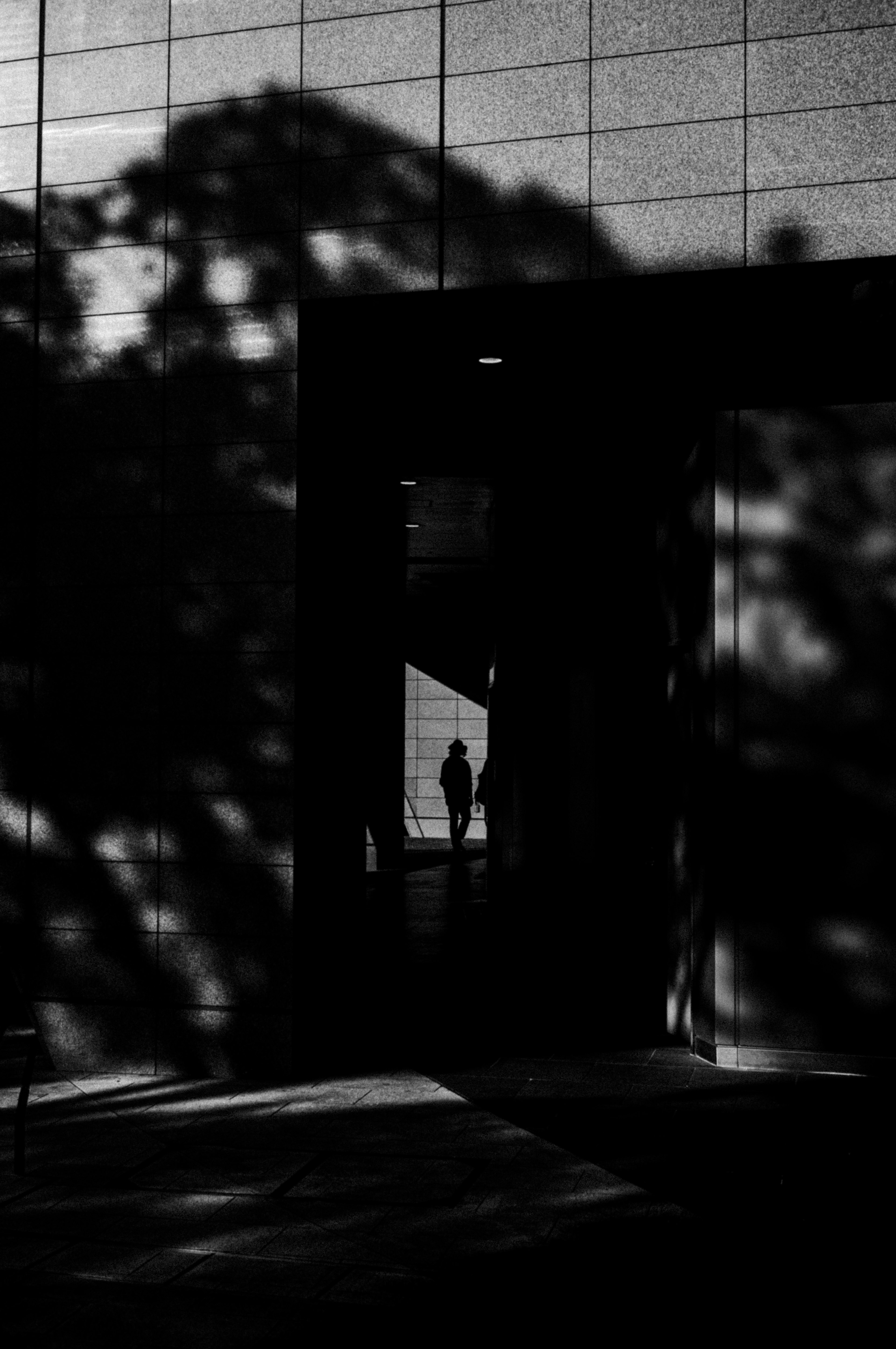 Silhouette di una persona in piedi all'ingresso di un edificio con ombre