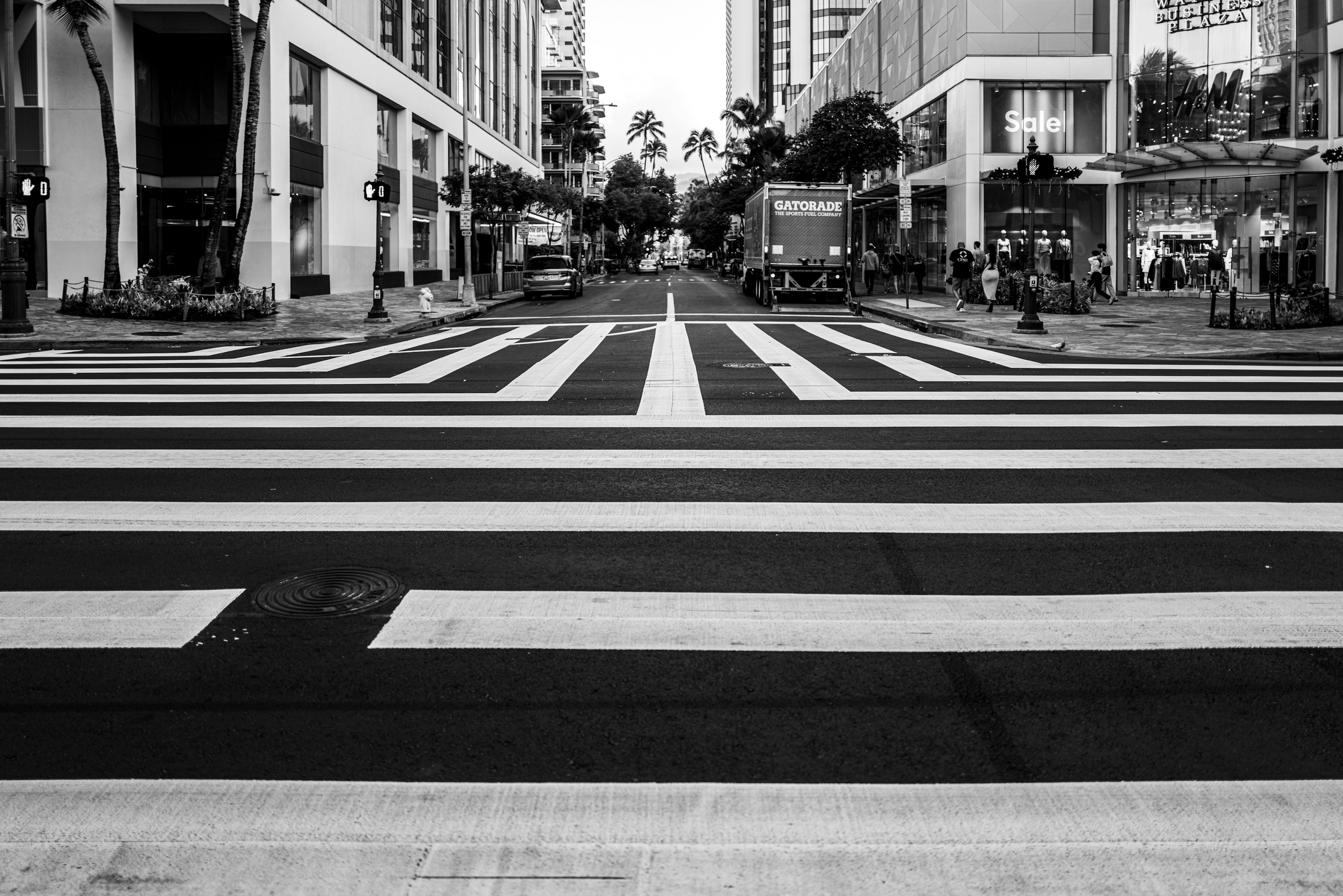 Black and white crosswalk with surrounding buildings