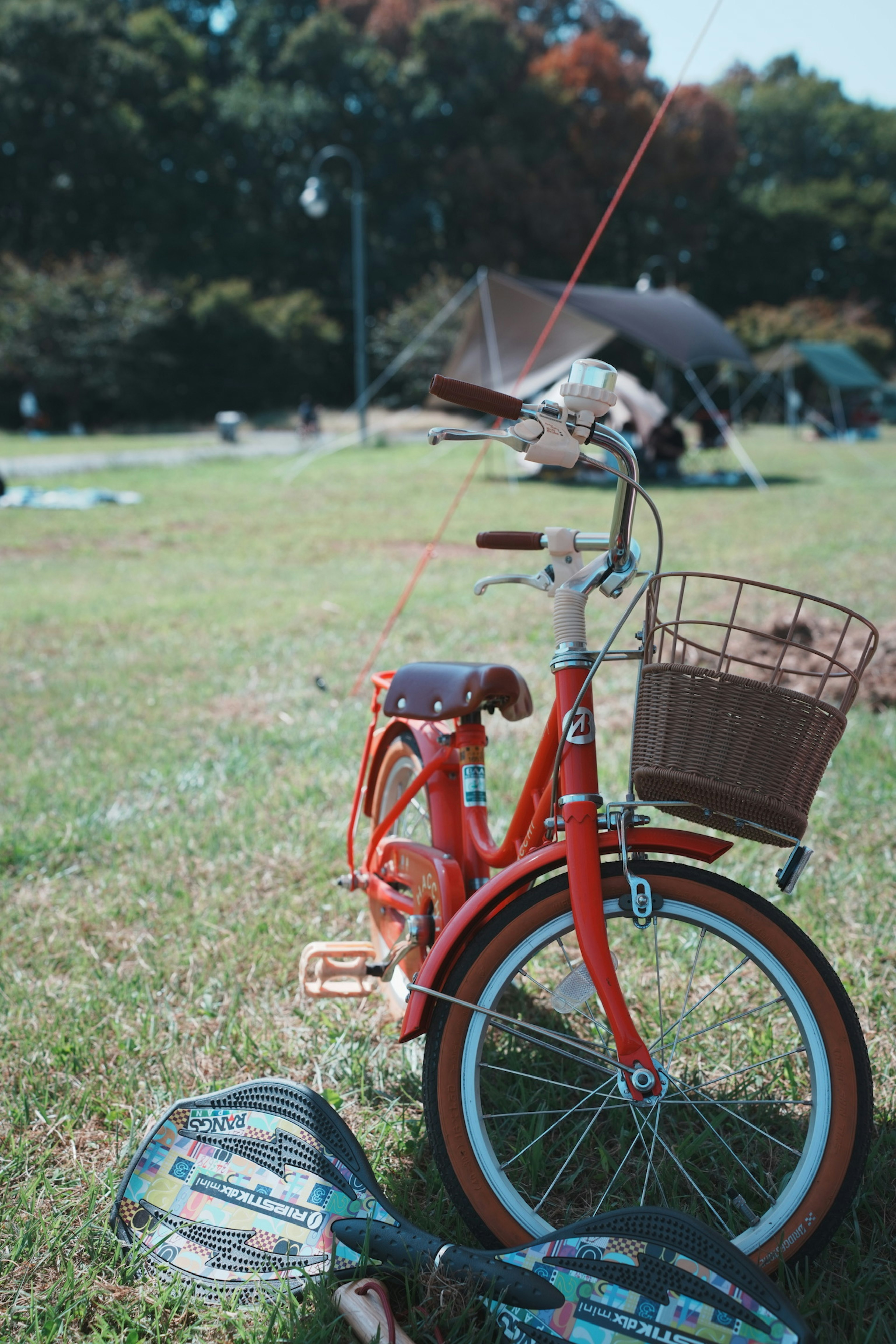 Red bicycle with basket in a grassy field