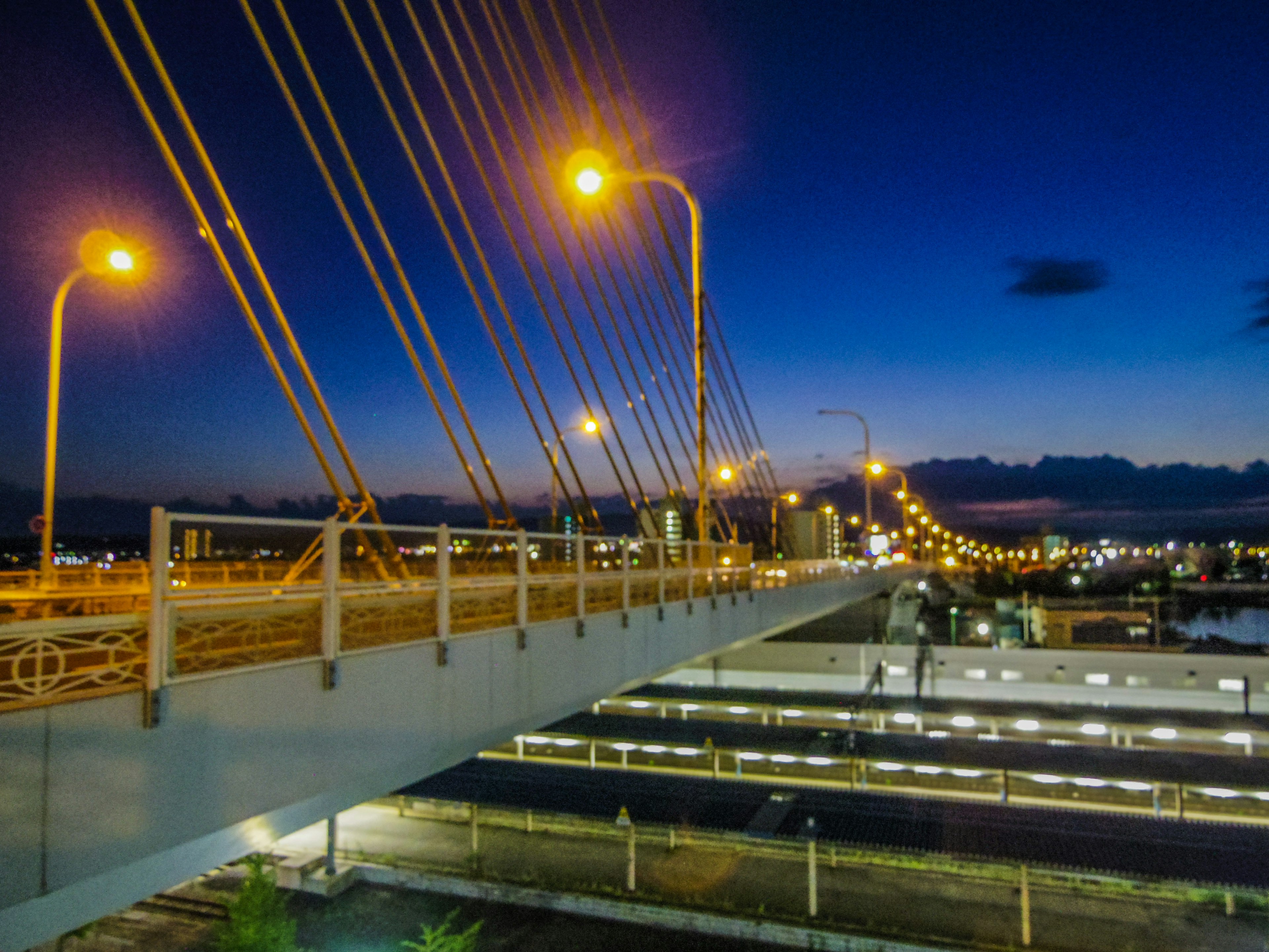 Night view of a cable-stayed bridge with glowing streetlights