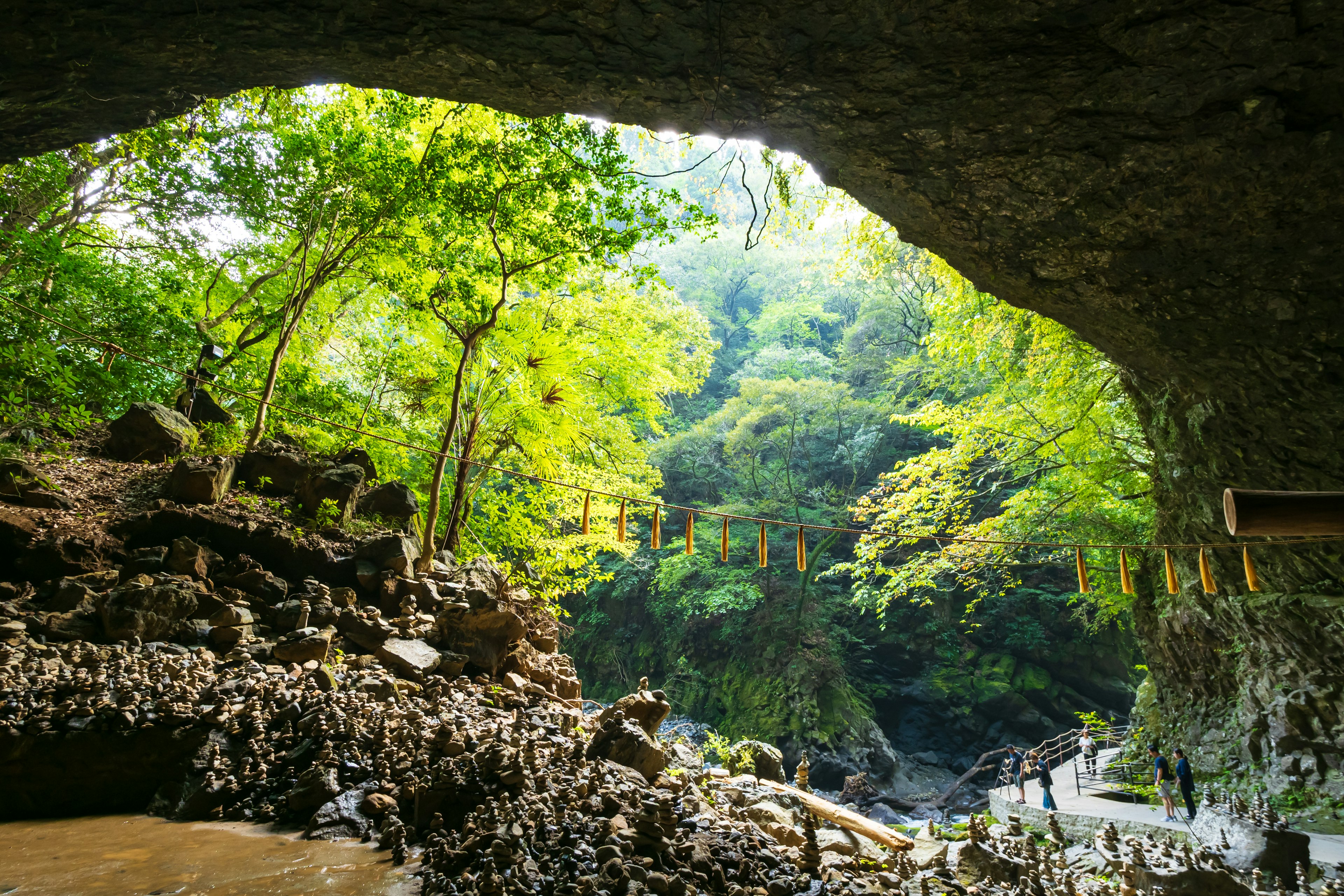 Aussicht auf einen üppigen Wald und eine Felsgrotte mit sichtbarem Fluss