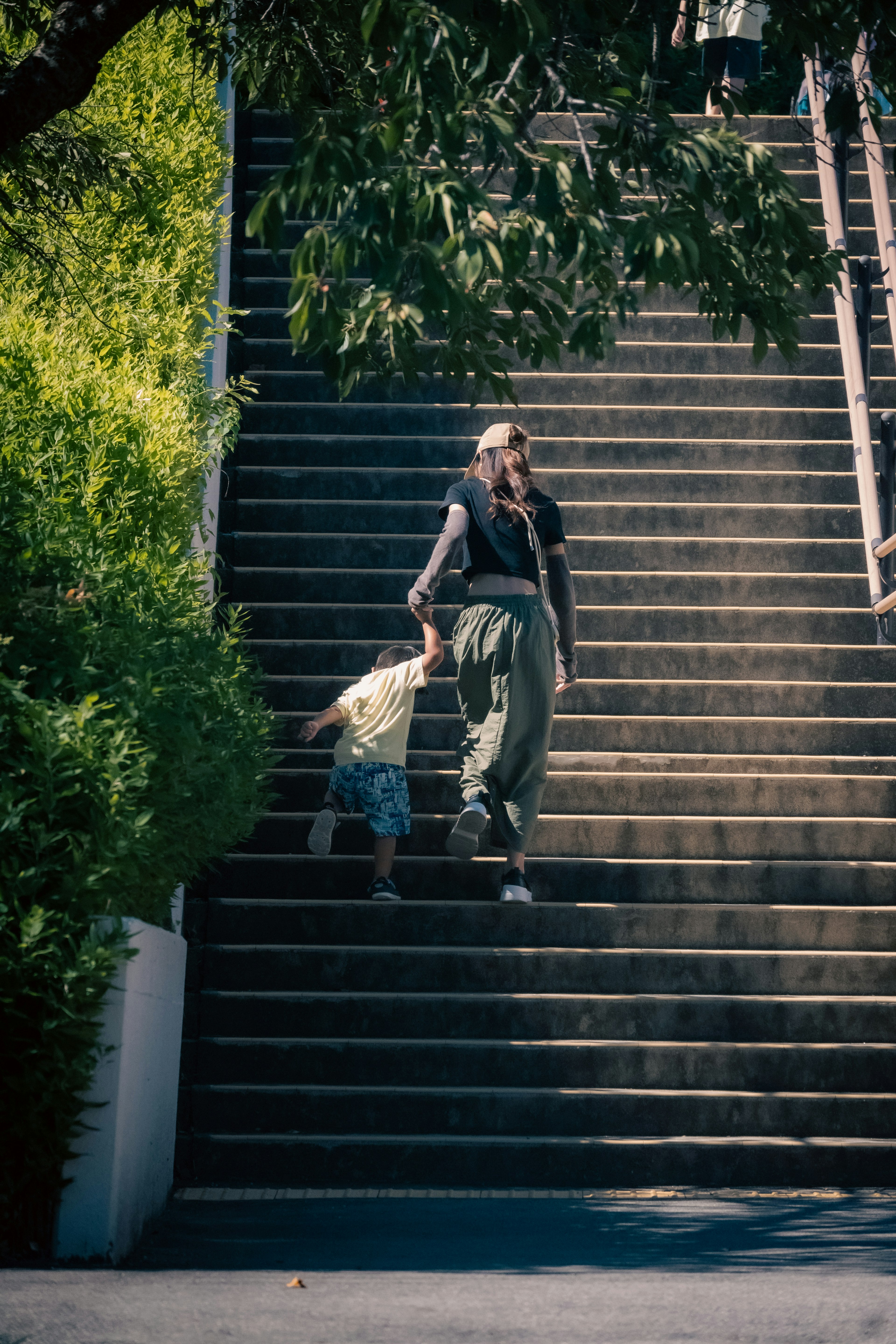 Silhouette of a woman and child descending stairs surrounded by greenery