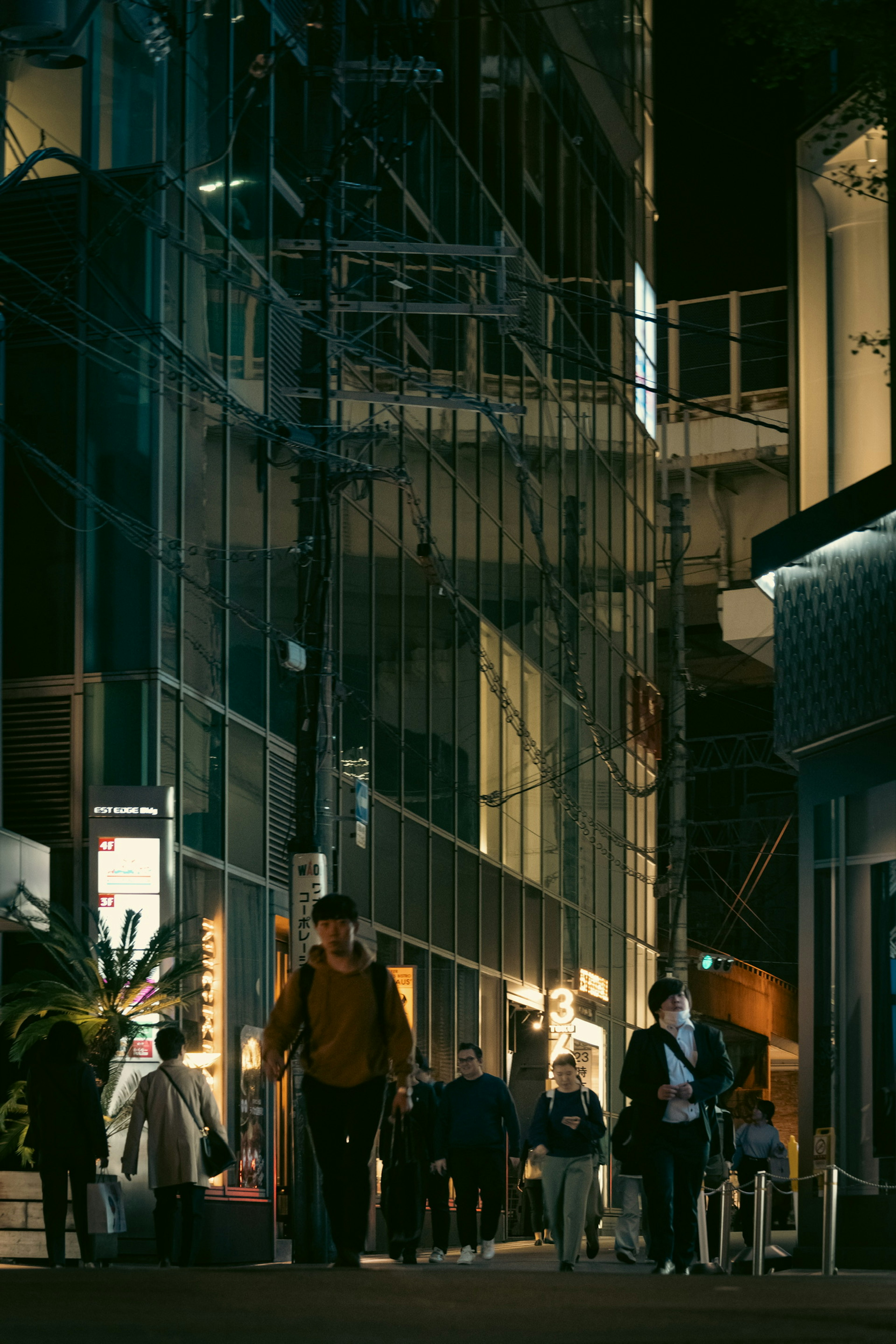 Escena de calle nocturna con personas caminando