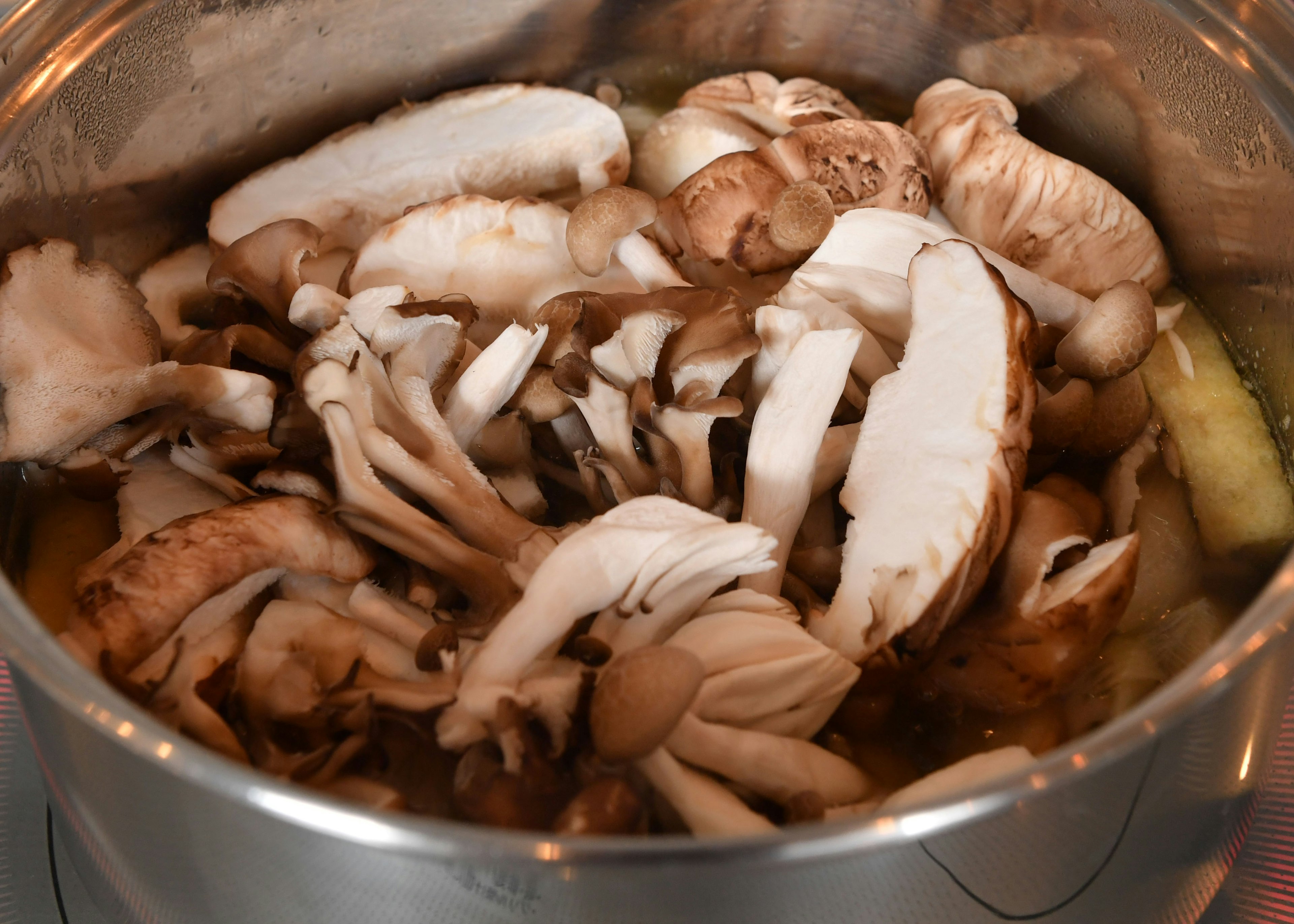 Champiñones frescos y verduras en una olla