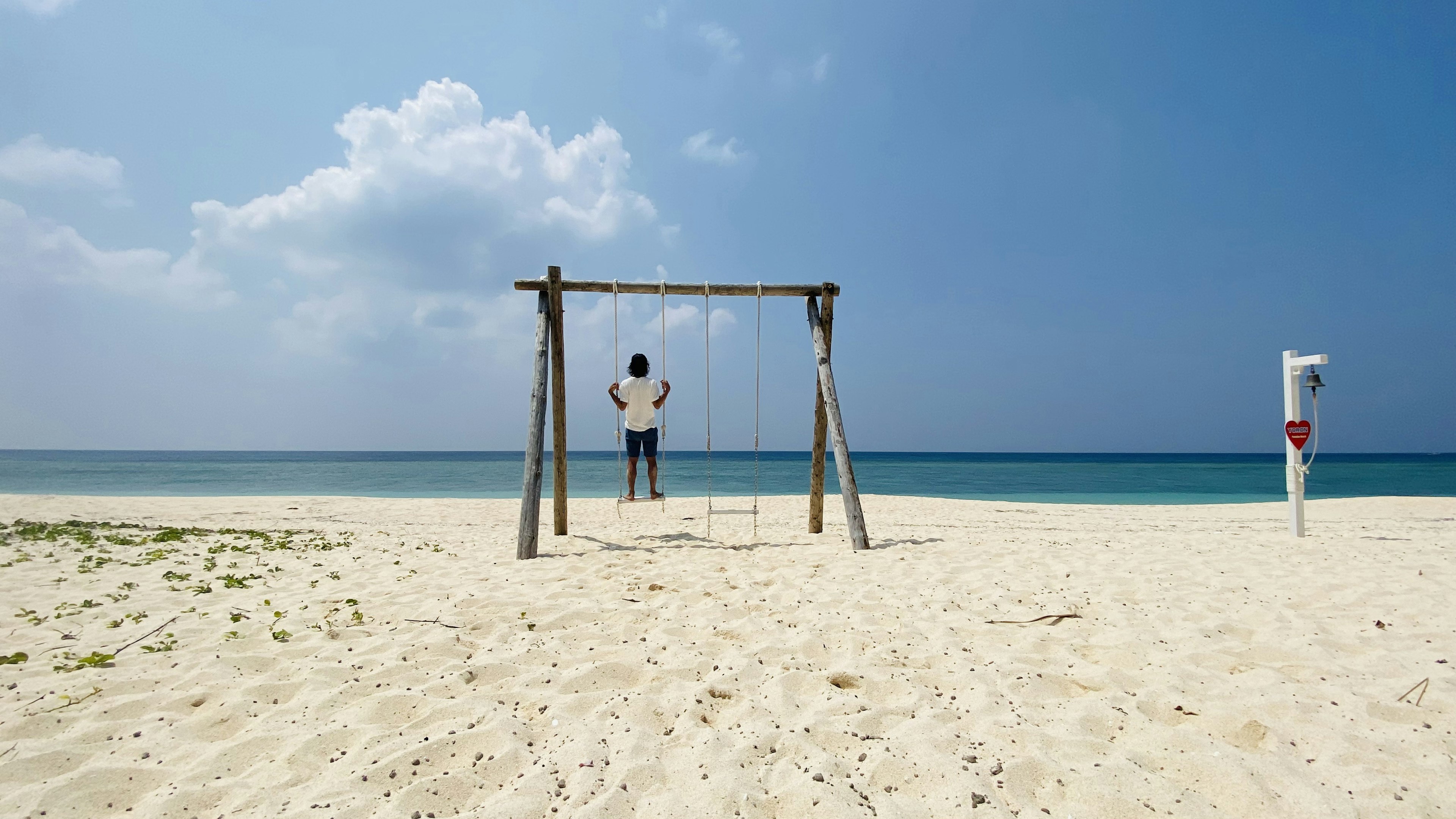 青い海と空の下にあるブランコに座る人