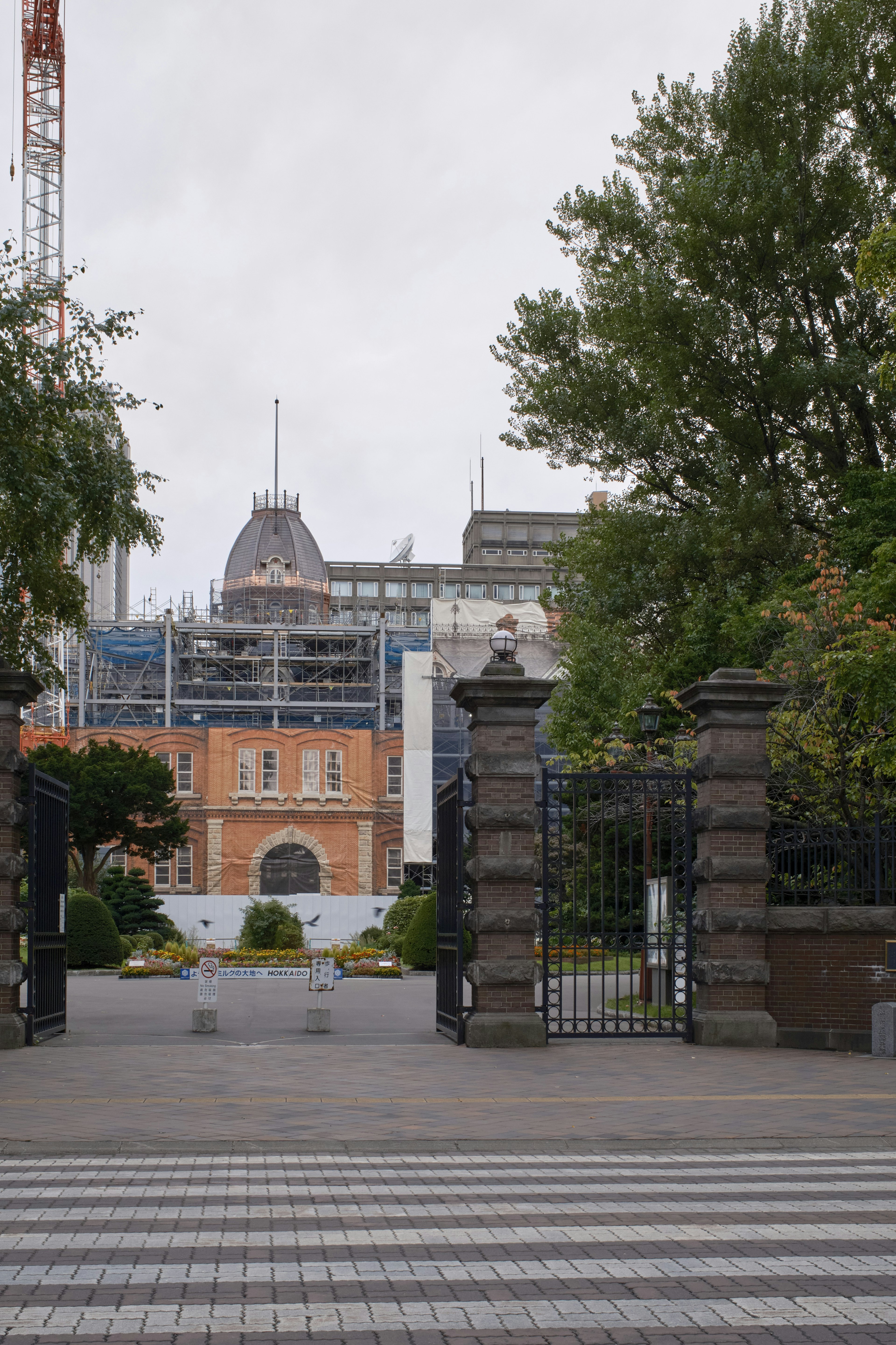 Entrance gate with a view of a construction site and green trees