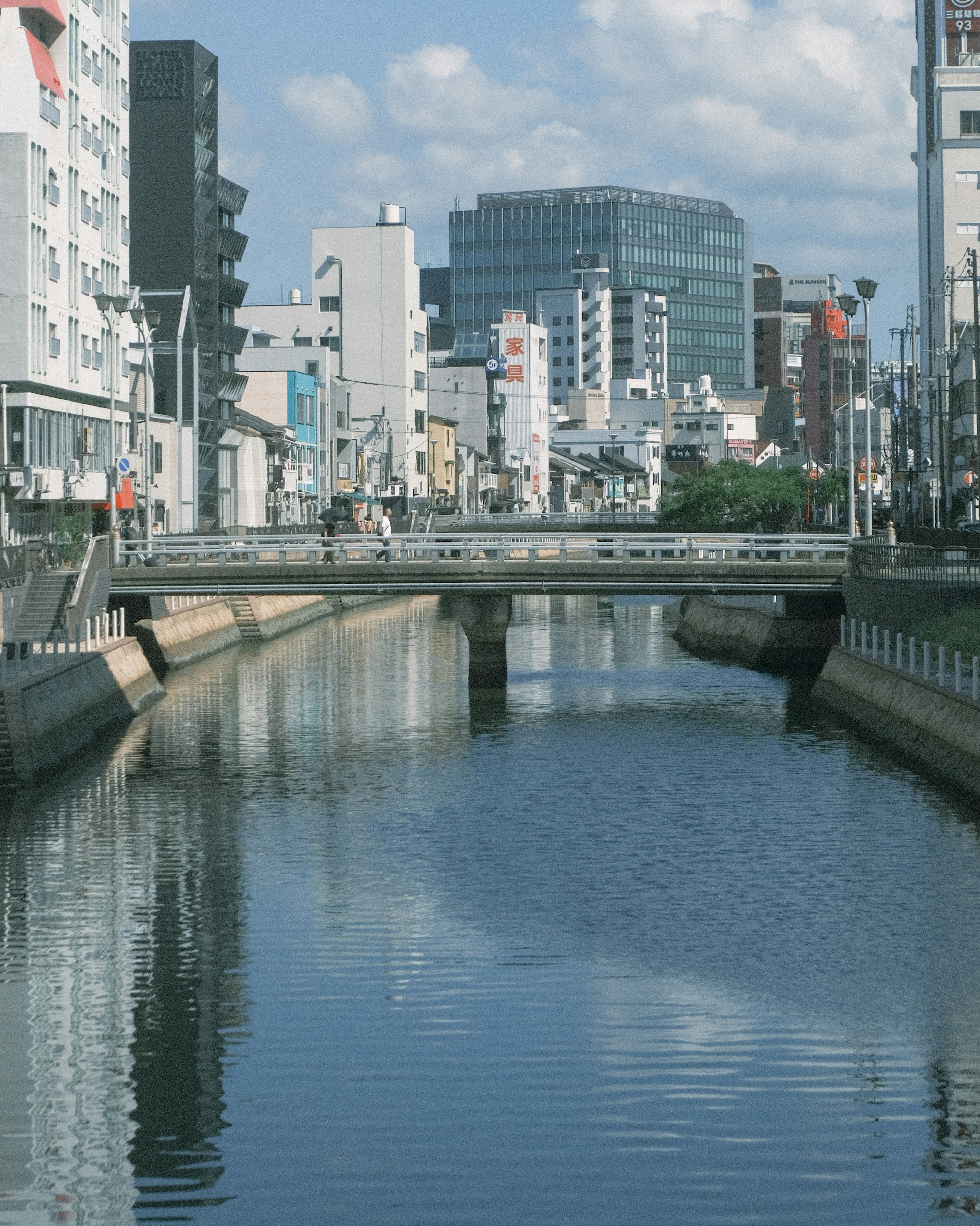 Fiume urbano con un ponte e moderni edifici sullo sfondo