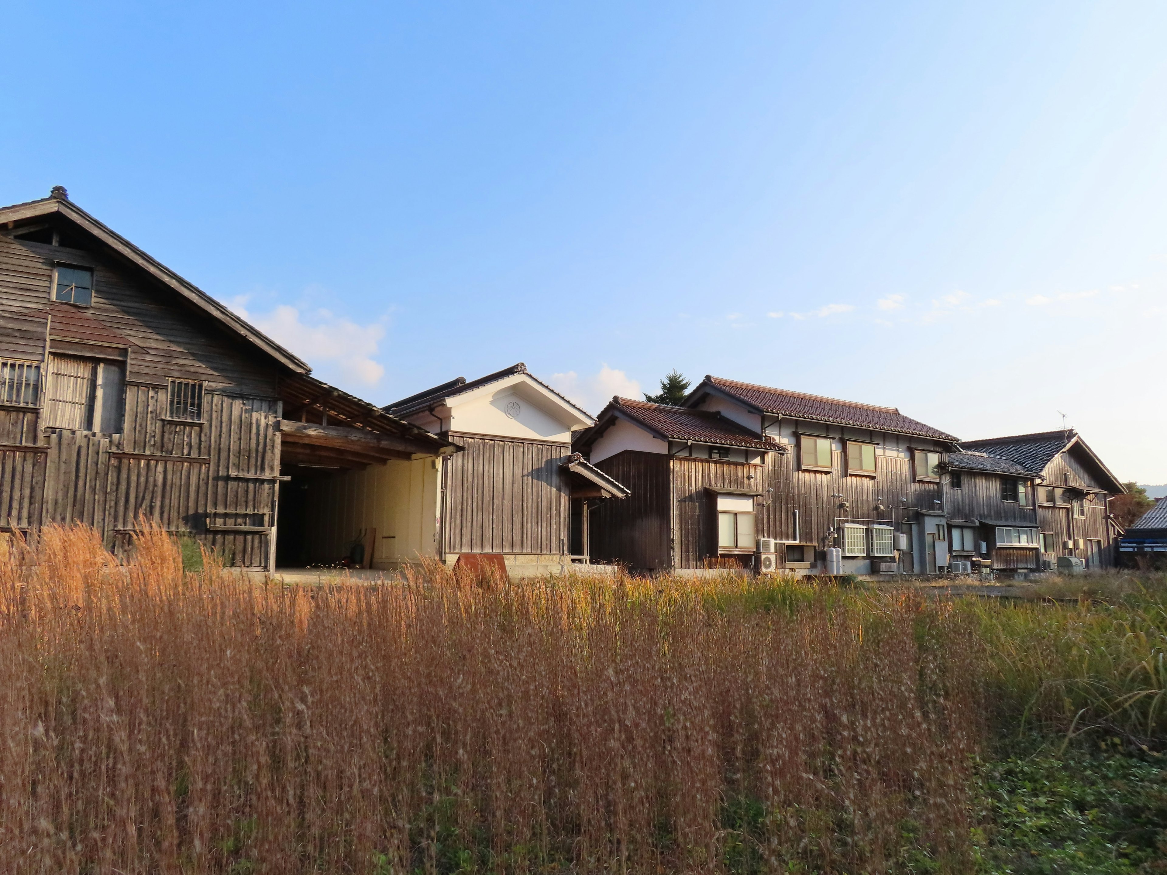 Paysage rural avec des maisons en bois anciennes alignées