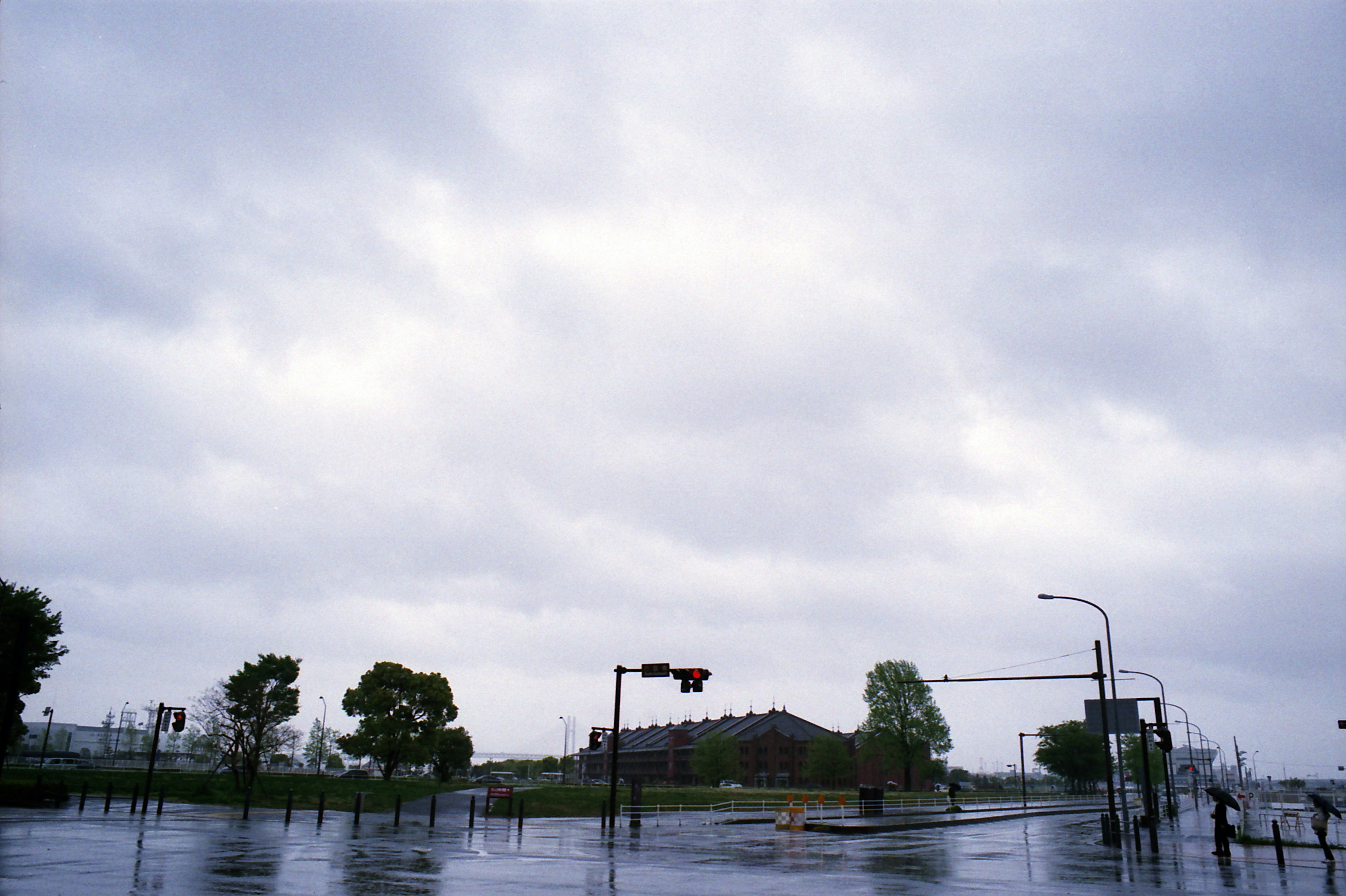 阴云密布和下雨的交叉路口场景有绿色树木和建筑物