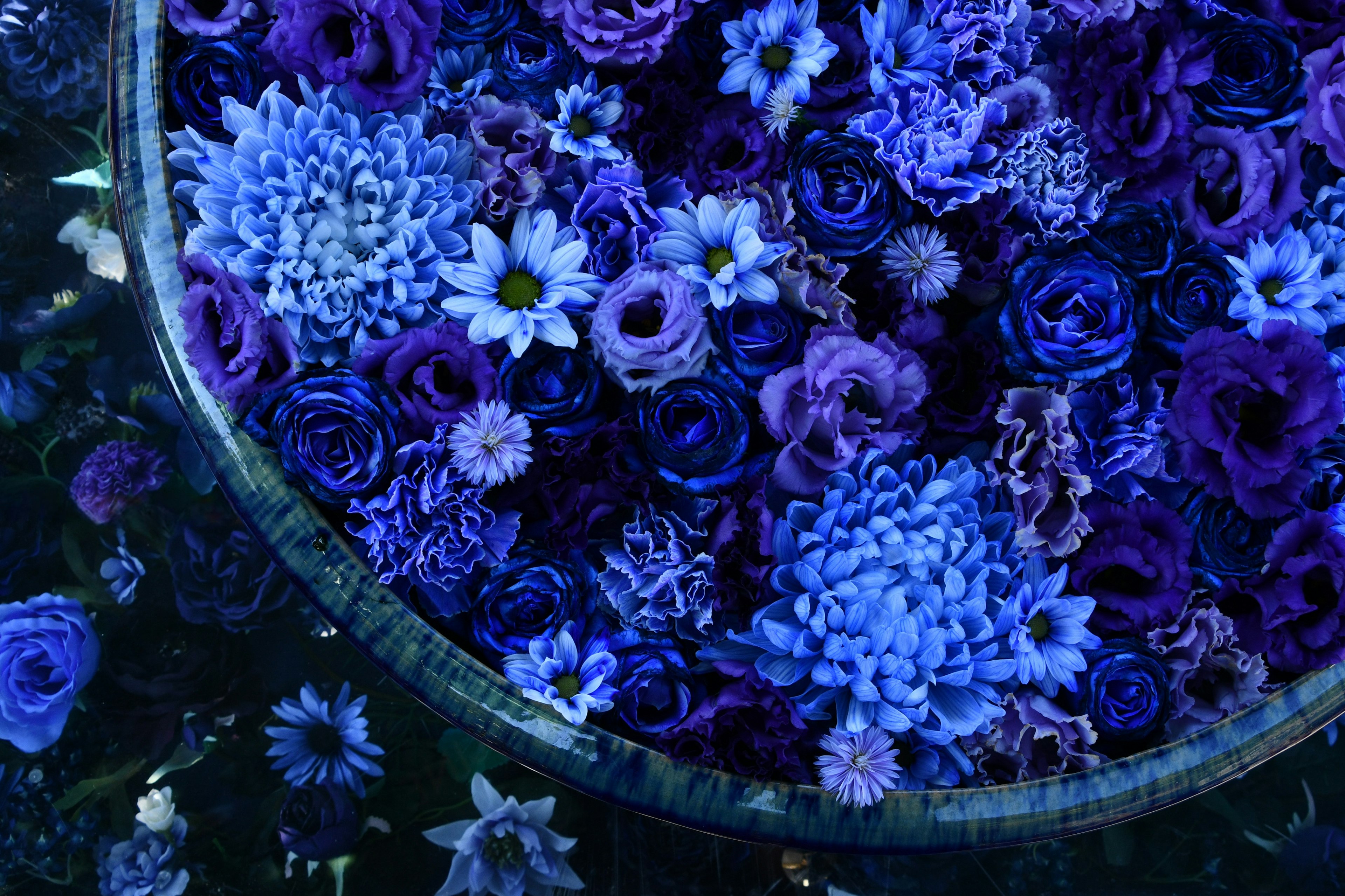 Luftaufnahme einer Schüssel voller blauer und lila Blumen