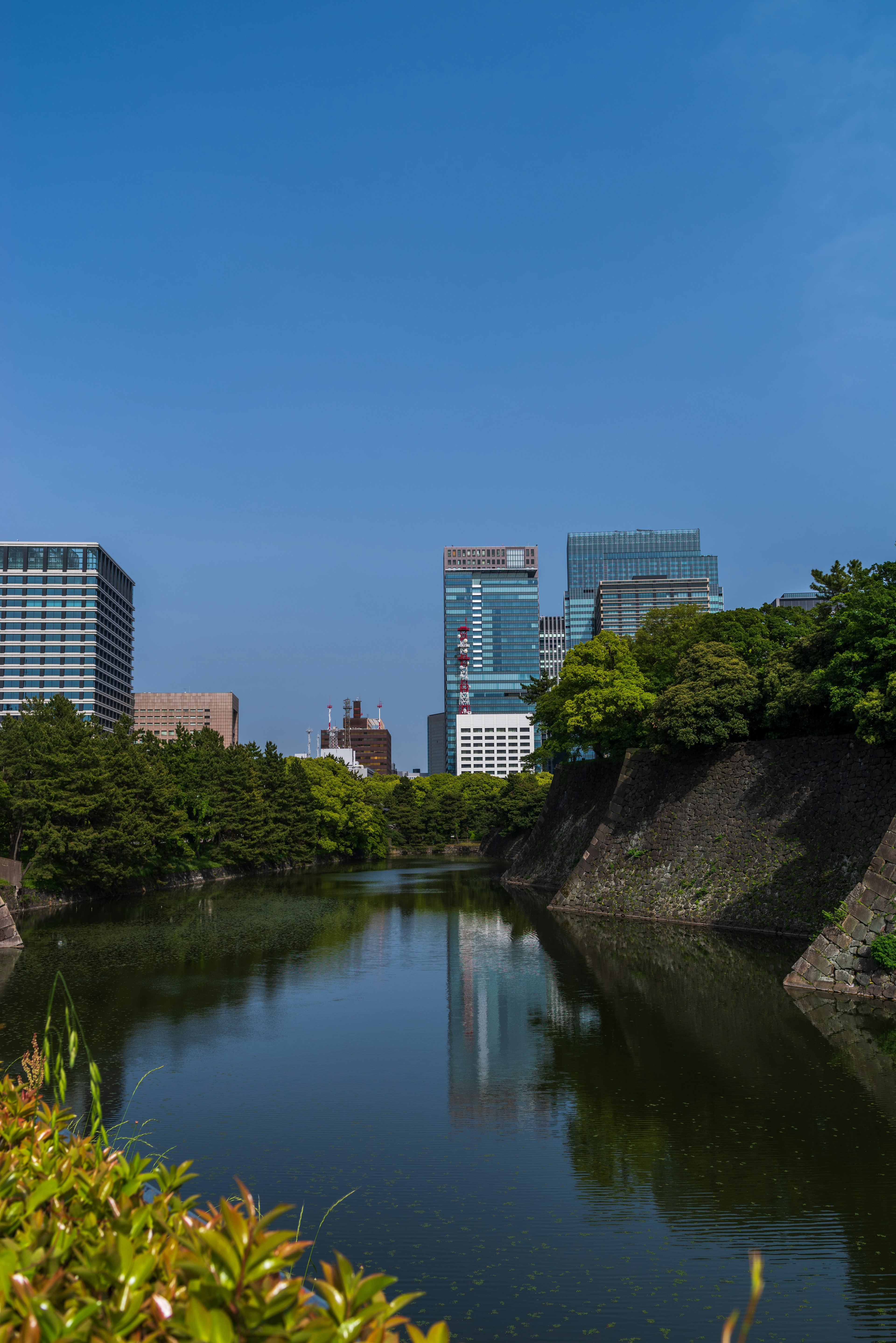 Garis langit Tokyo dengan bangunan modern yang terpantul di air di bawah langit biru dikelilingi tanaman hijau dan dinding batu