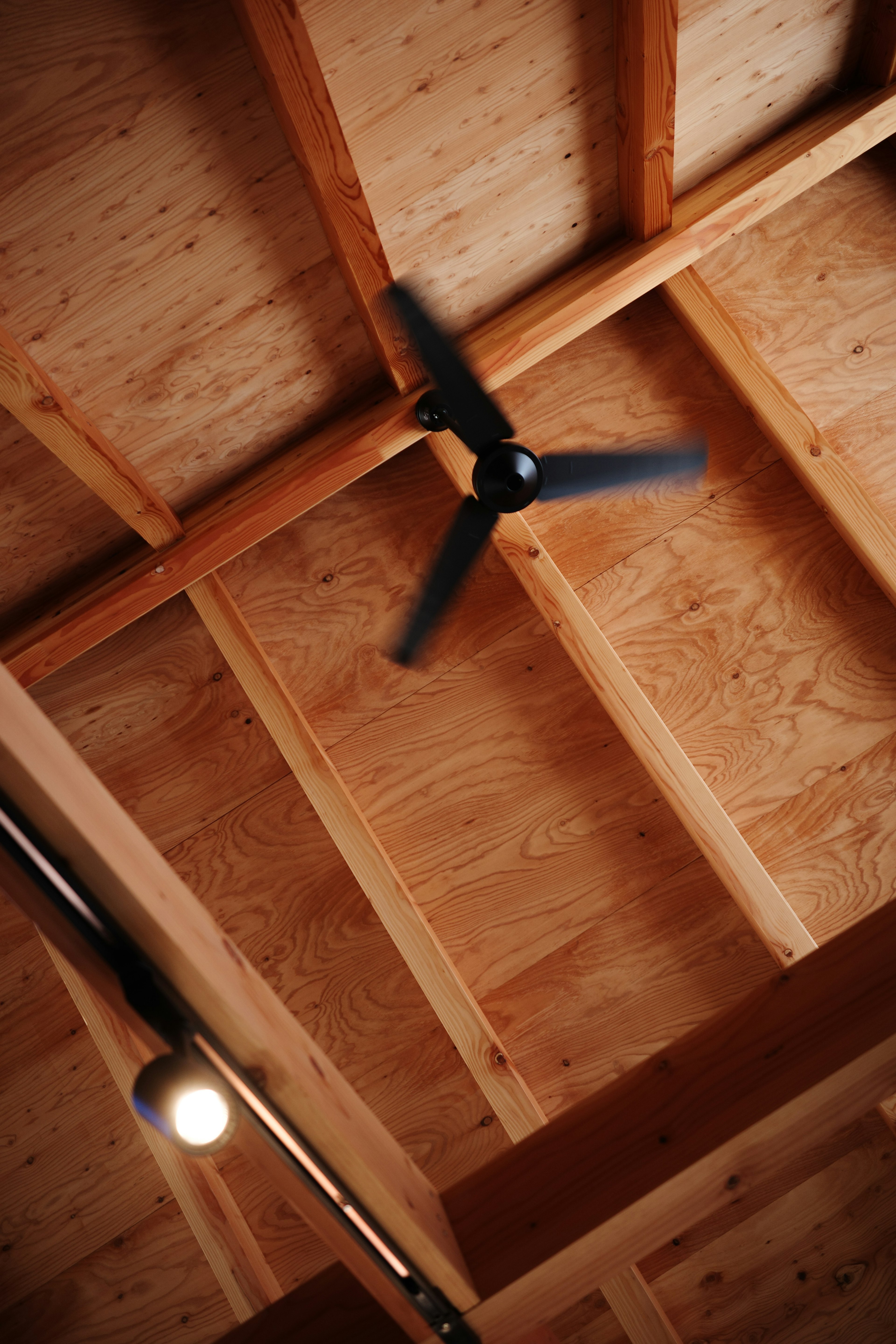 Image intérieure avec un plafond en bois et un ventilateur de plafond noir