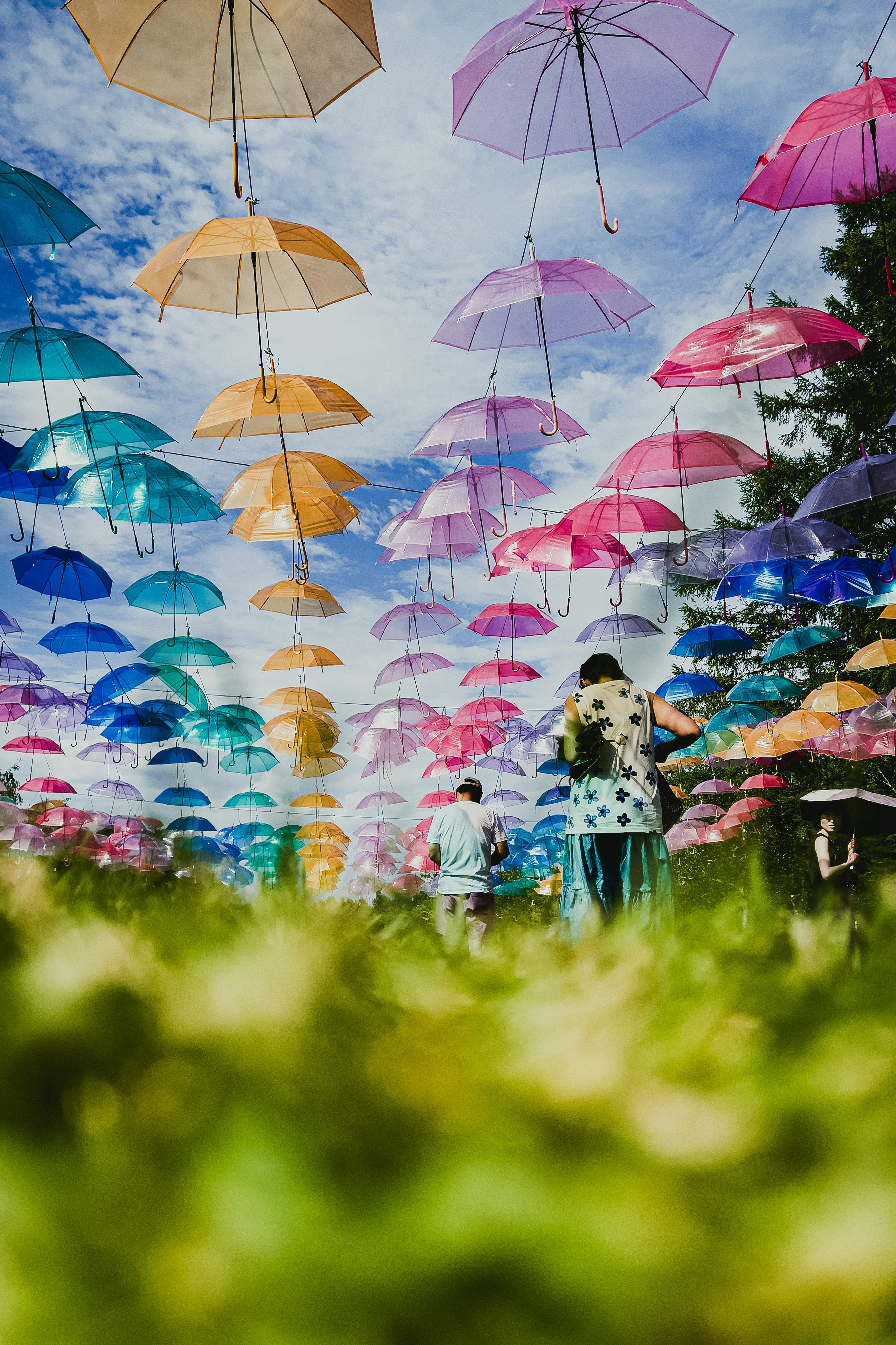 Eine schöne Szene mit bunten Regenschirmen, die am Himmel hängen