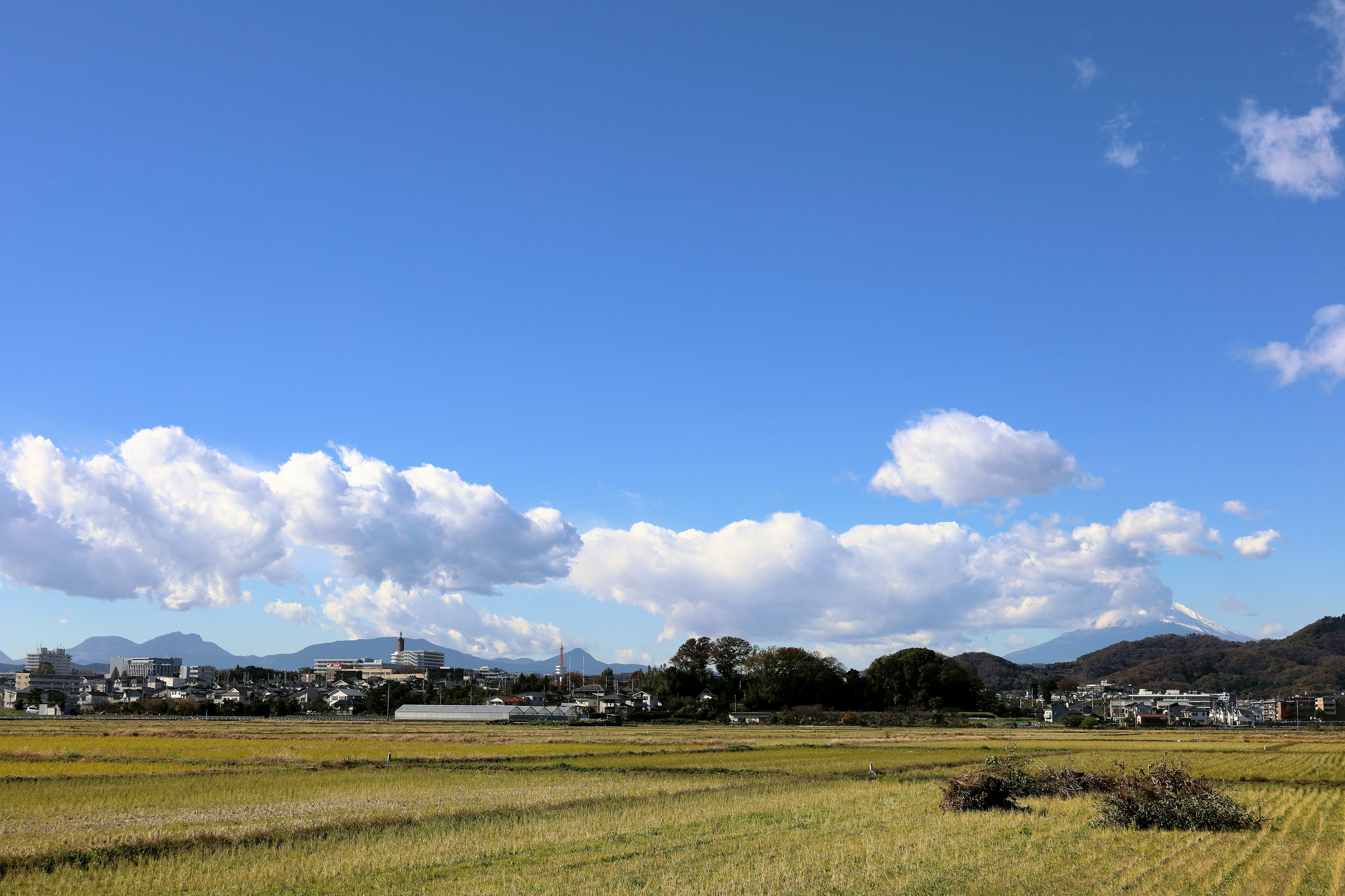 青い空と白い雲が広がる田園風景と山々の景色