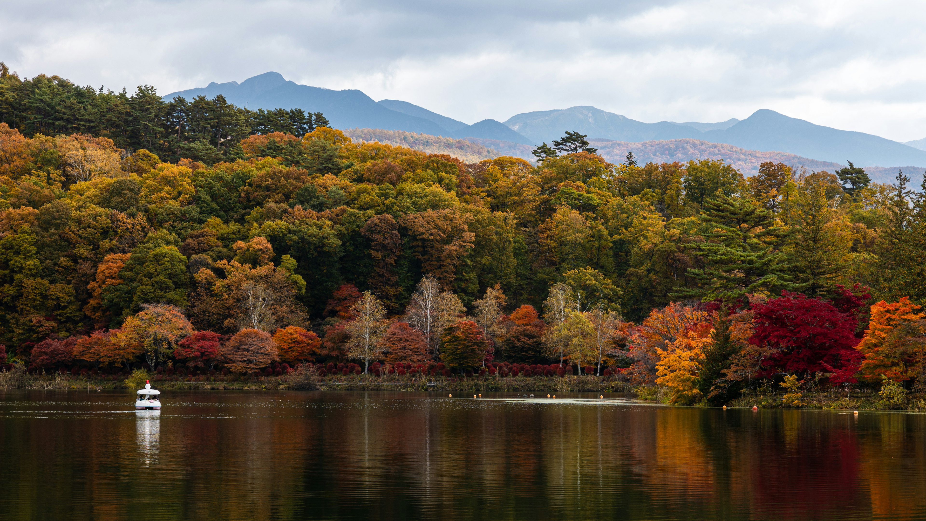 Malerscher Blick auf einen See in Herbstfarben mit einem Boot auf dem ruhigen Wasser und Bergen im Hintergrund