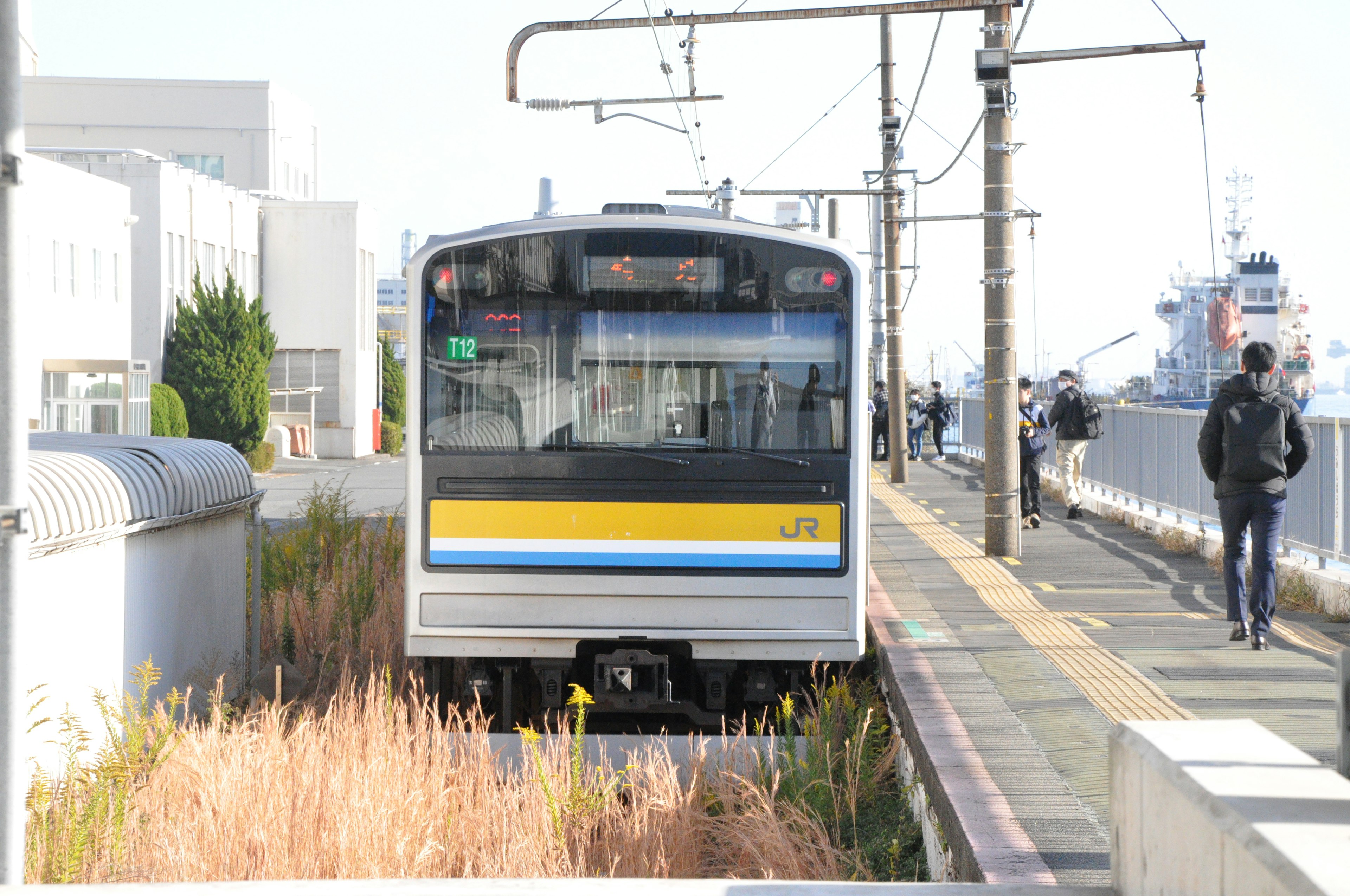 Train stopped at a station surrounded by grass