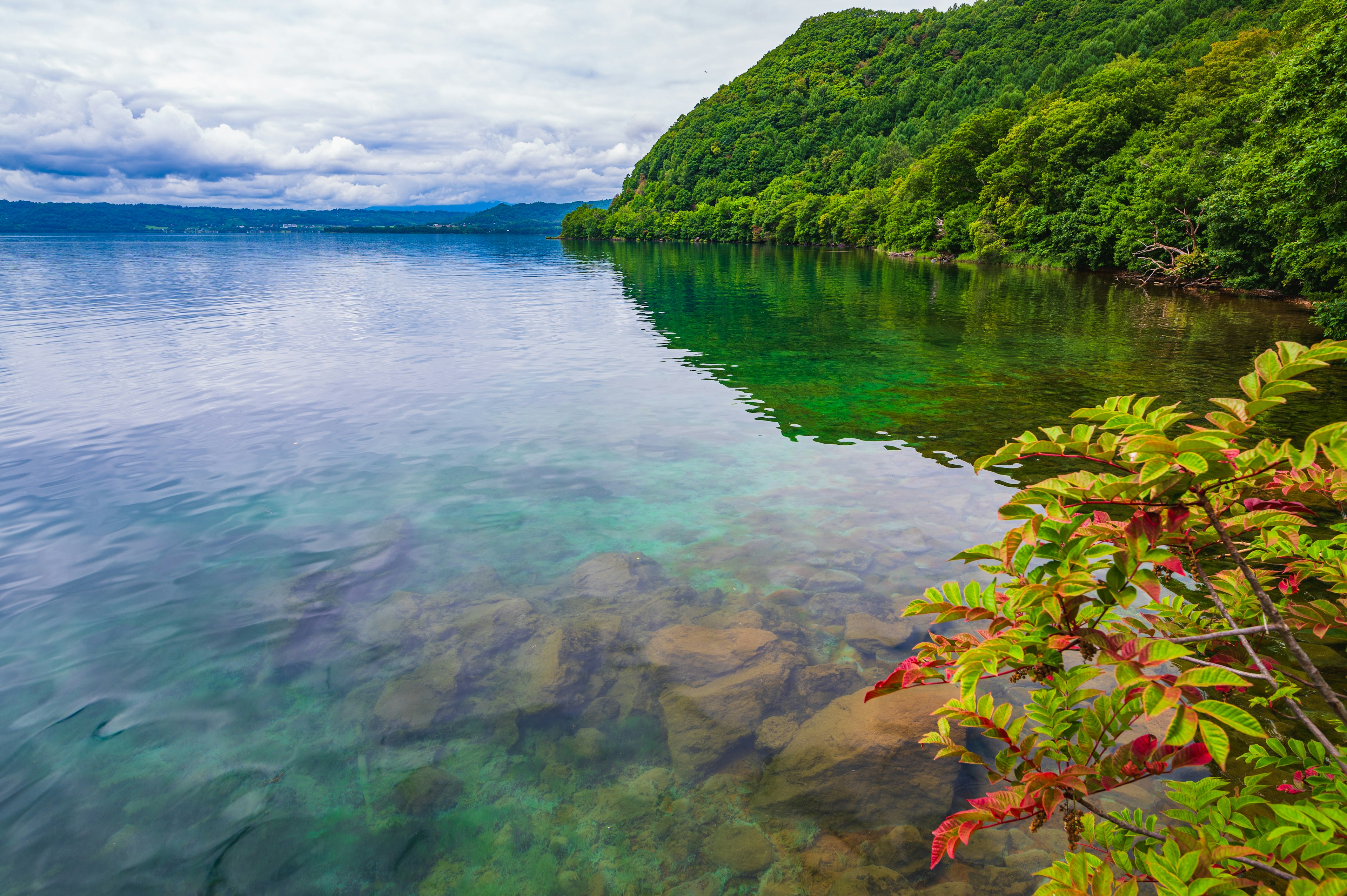 透明な湖面と緑豊かな山々が広がる美しい風景