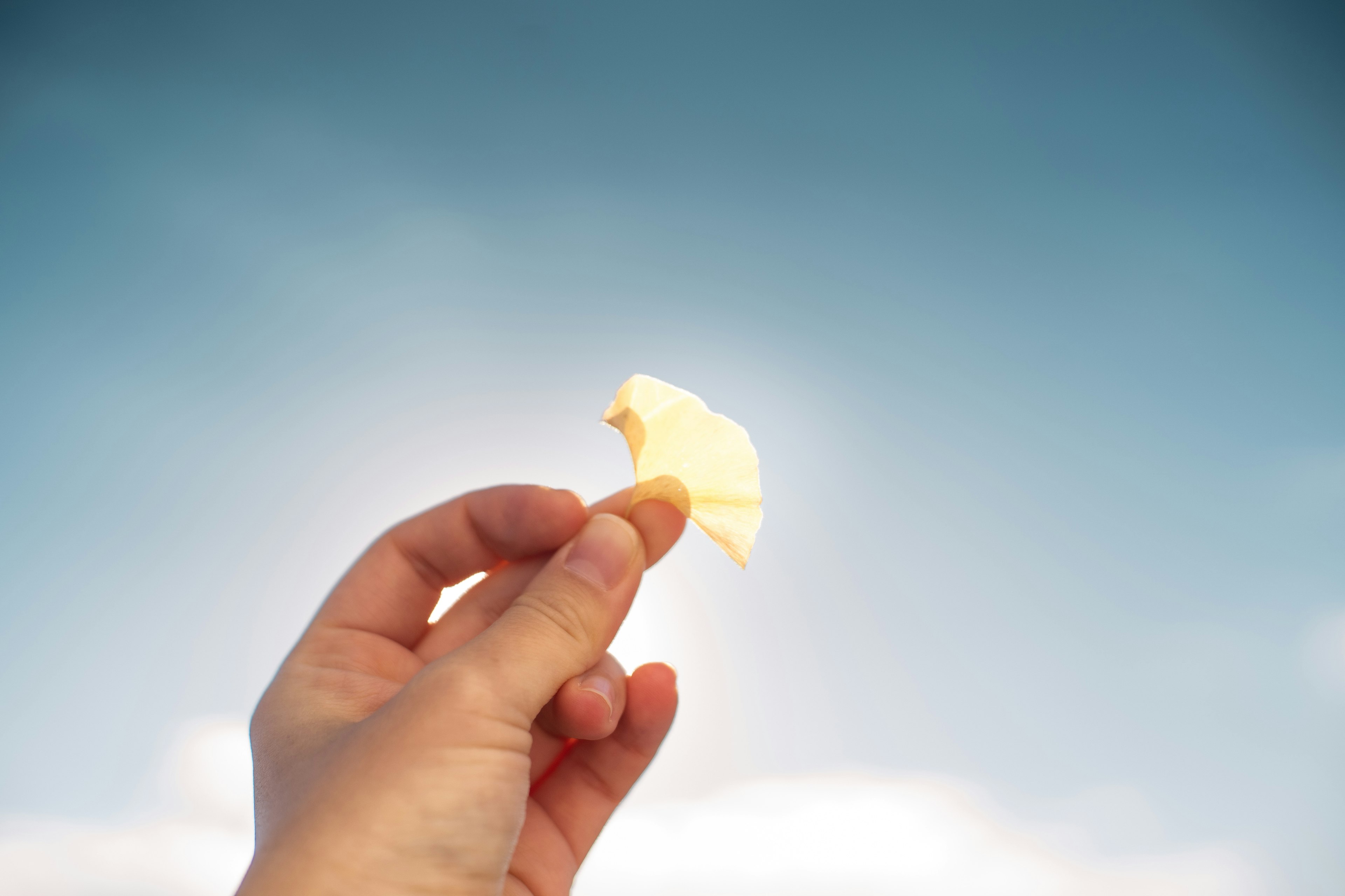 A hand holding a light yellow snack against a blue sky