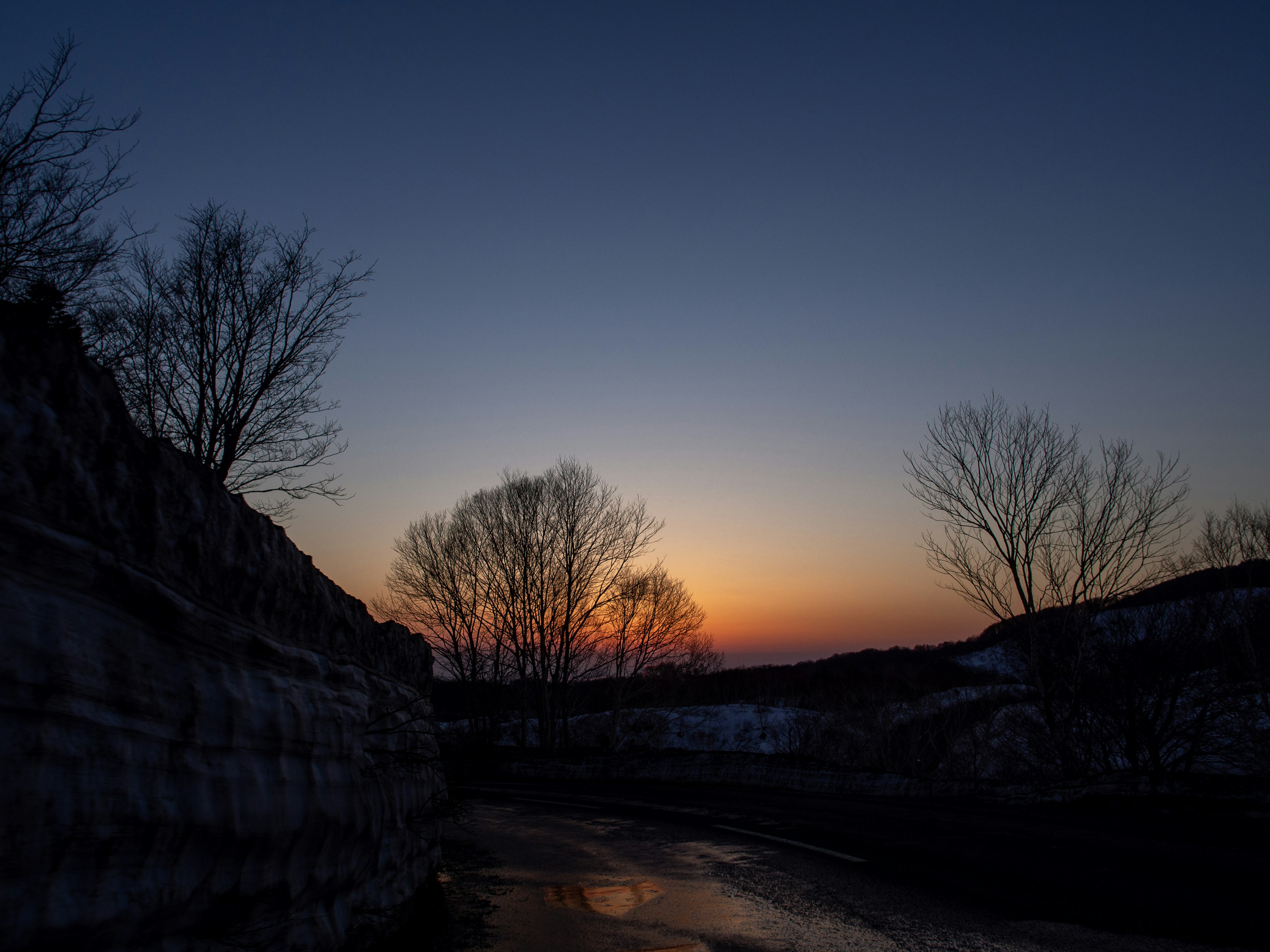 Silhouette of trees and rocks against a sunset backdrop