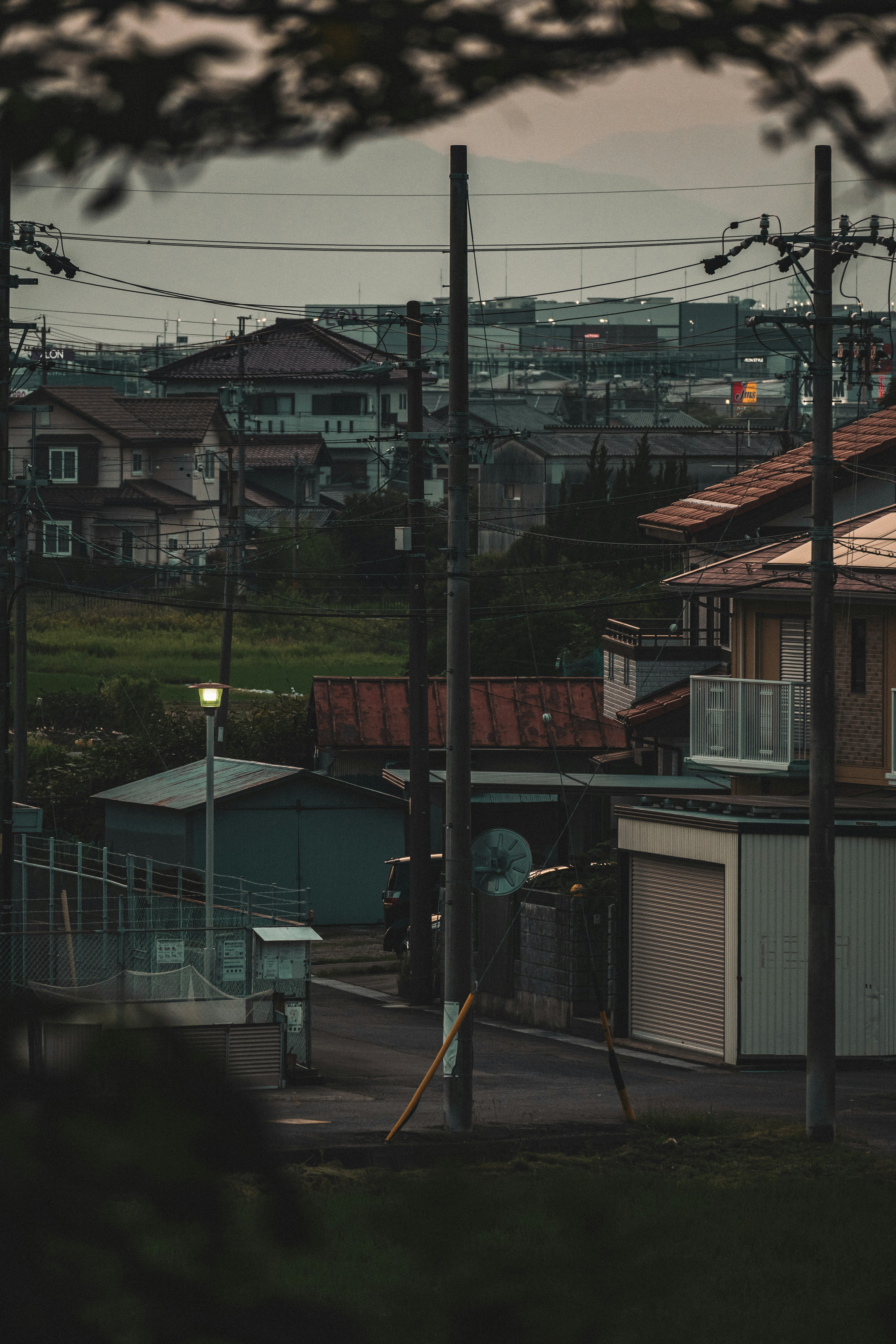 夕暮れ時の静かな住宅街の風景 電柱と家々が並ぶ