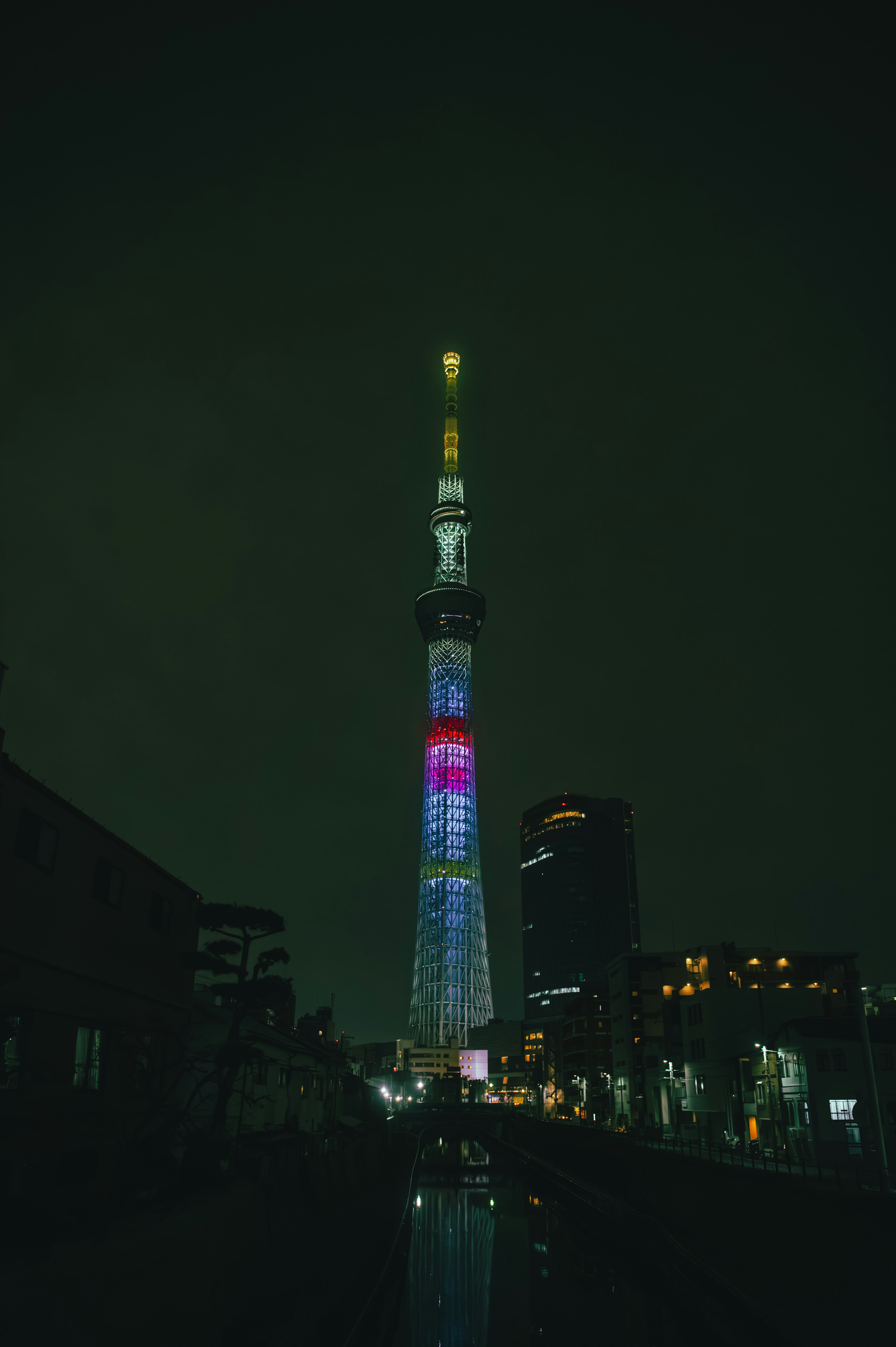 東京スカイツリーの夜景と色とりどりのライトアップ