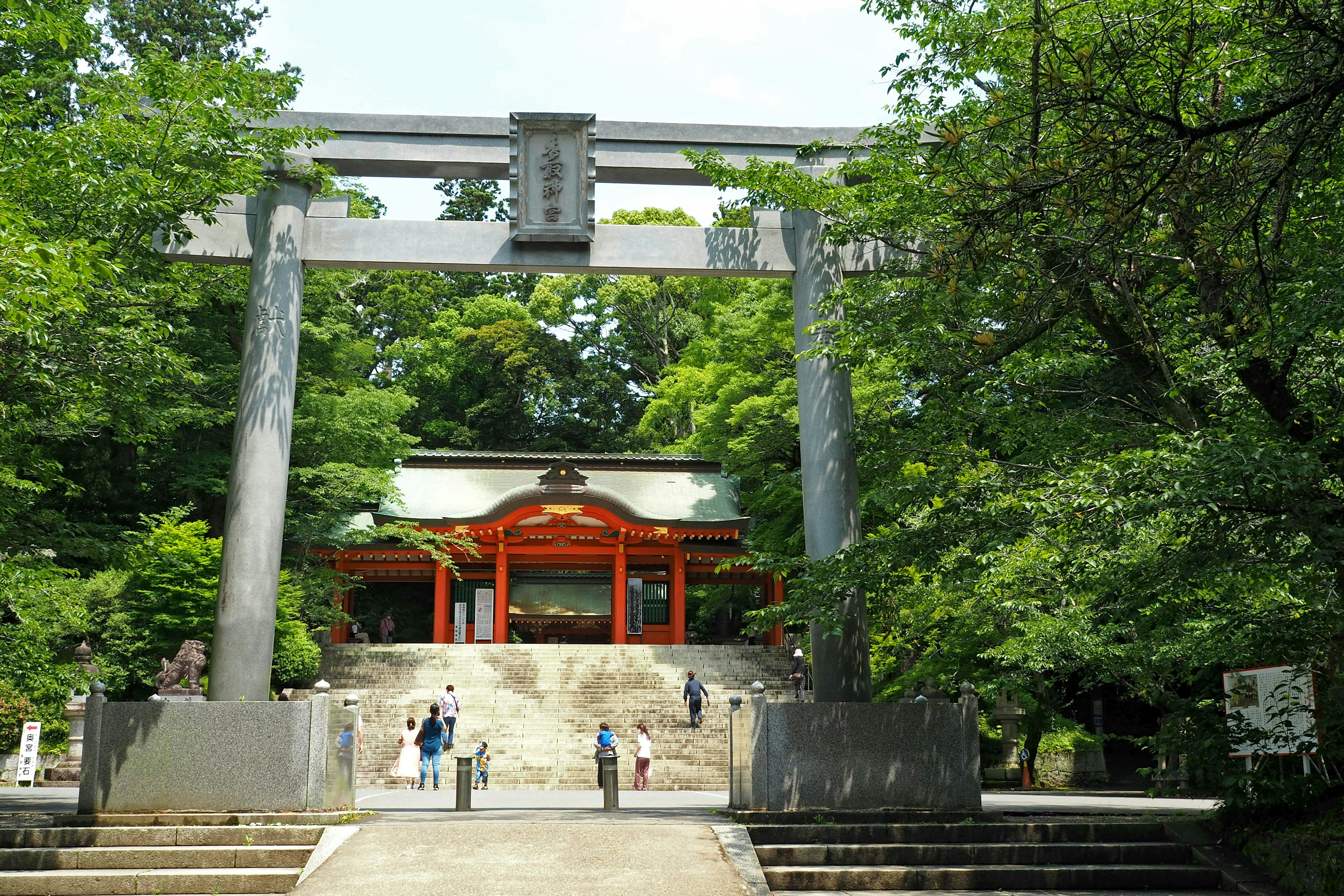 Eine malerische Ansicht eines Torii und des Eingangs eines Schreins, umgeben von Grün