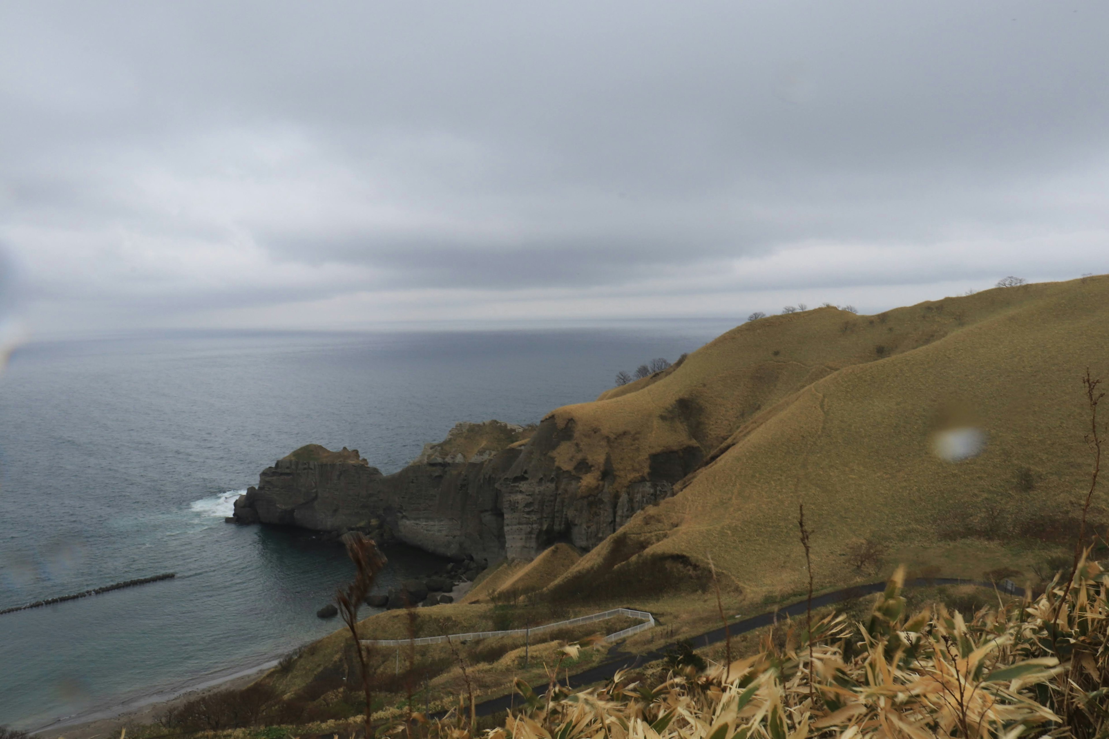 陰雲密佈的海岸和丘陵風景