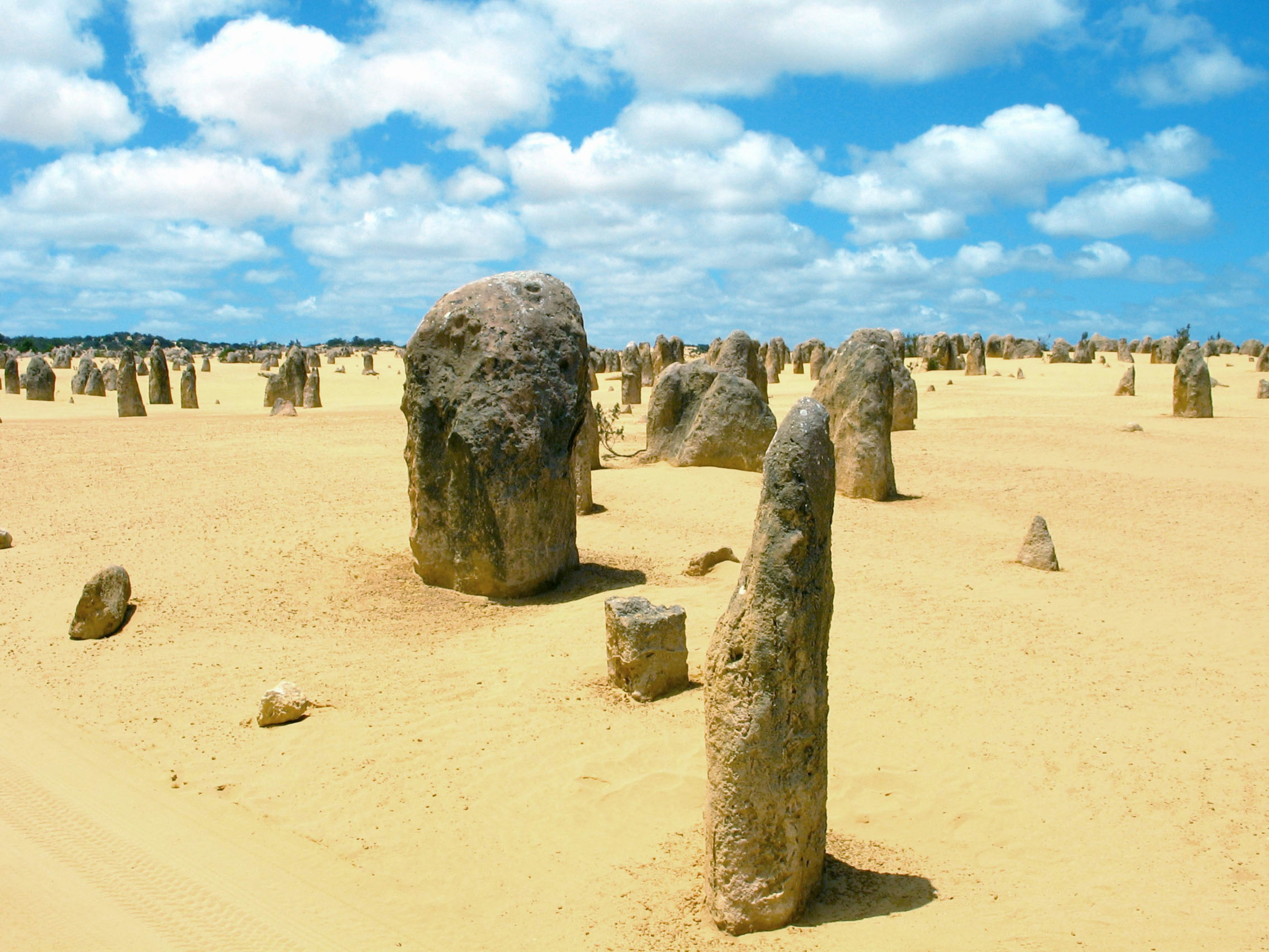 A vast desert landscape with numerous stone pillars and a blue sky