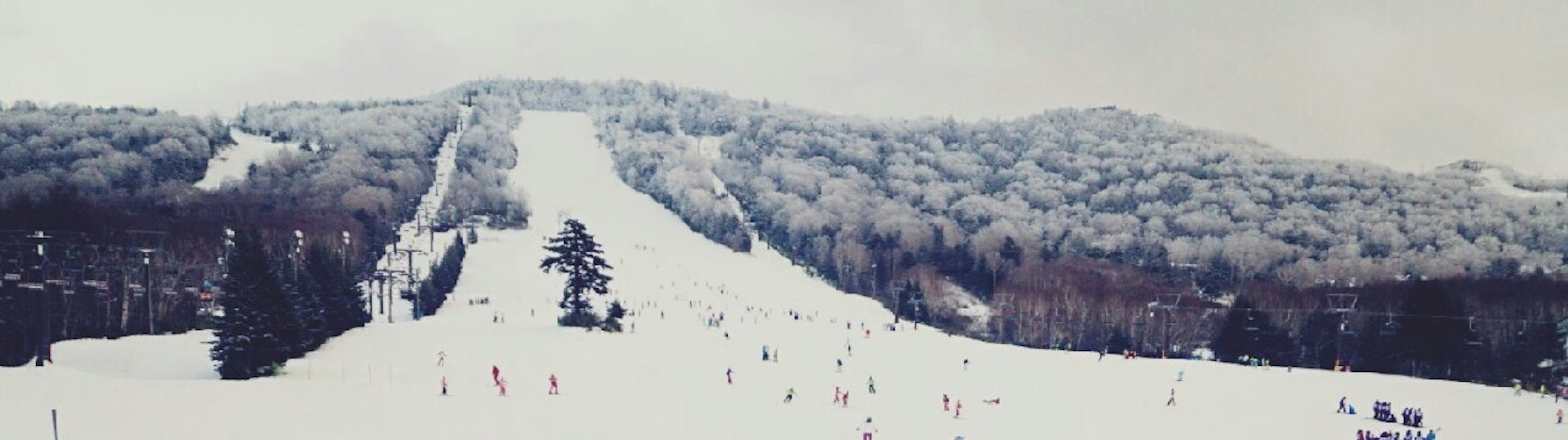 Snow-covered ski resort landscape with skiers and slopes