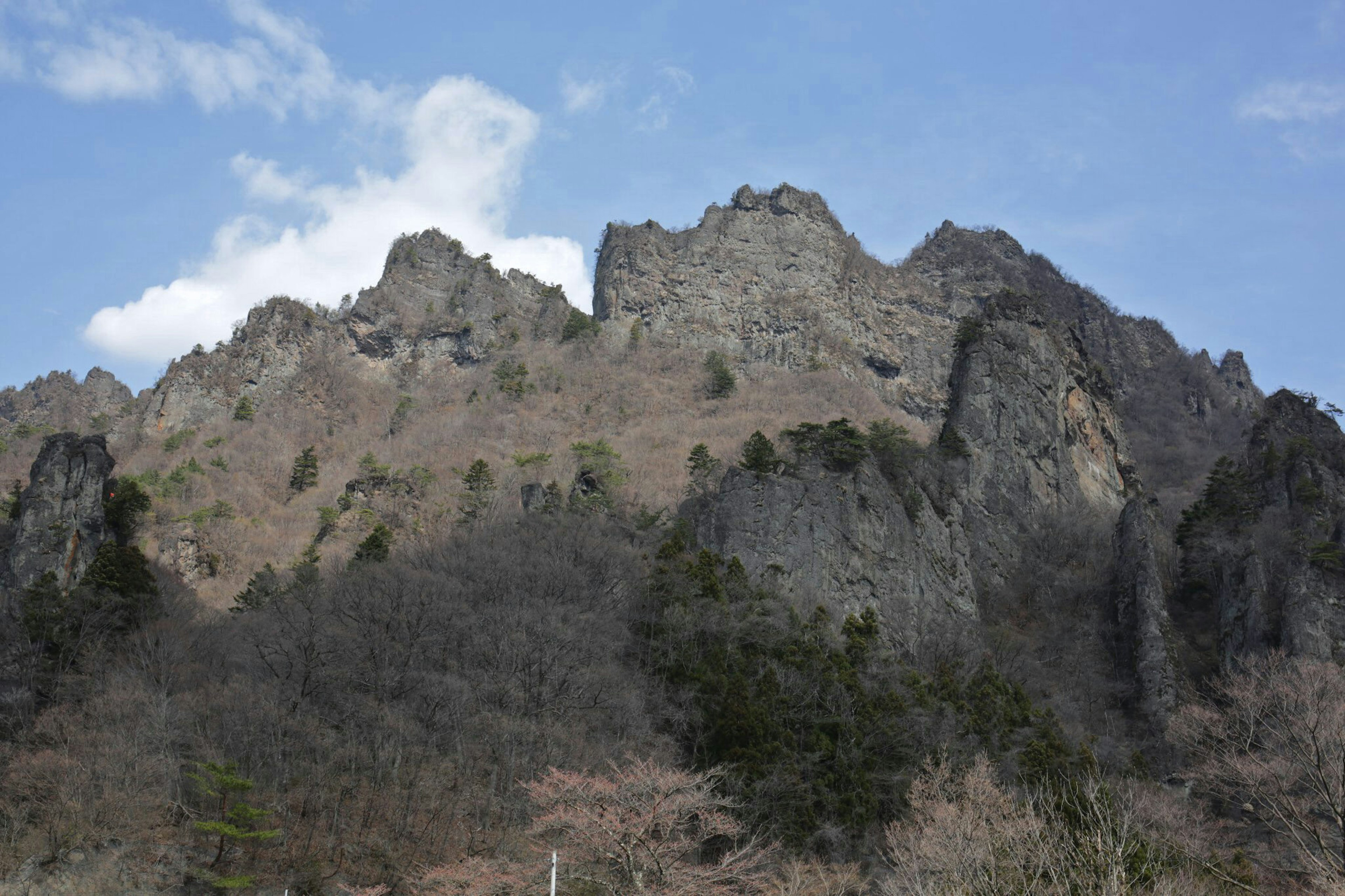 Pemandangan pegunungan dengan puncak berbatu dan langit biru